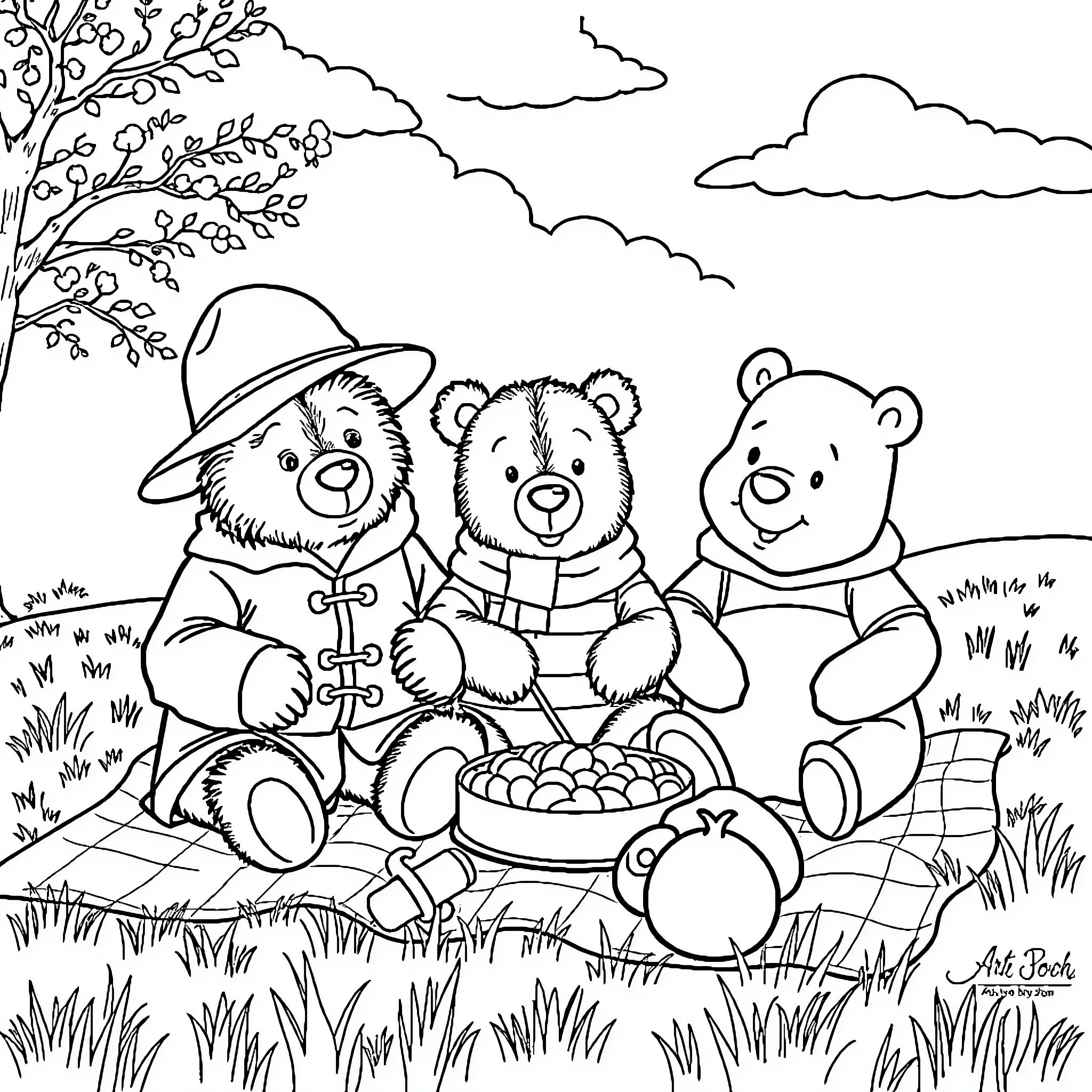 Bear friends having a picnic in the park Coloring Page (free black-and-white line drawing printable PDF for all, from beginners to advanced learners, including children, teens, adults, and seniors)