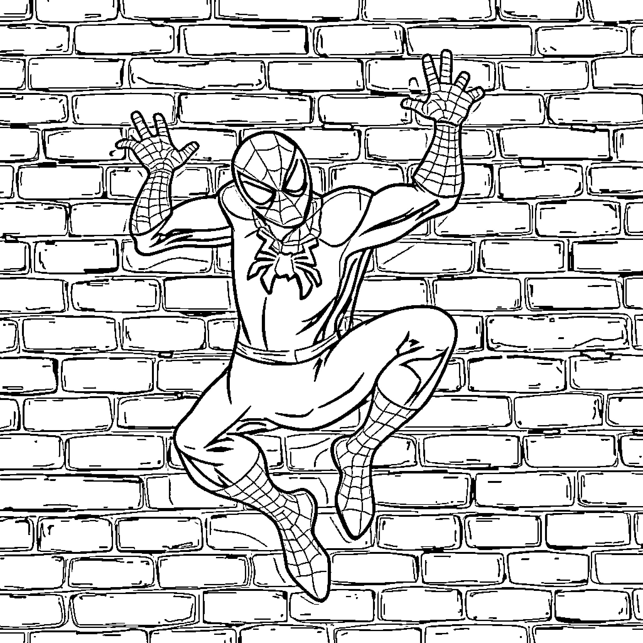 Spiderman climbing up a brick wall Coloring Page (free black-and-white line drawing printable PDF for all, from beginners to advanced learners, including children, teens, adults, and seniors)