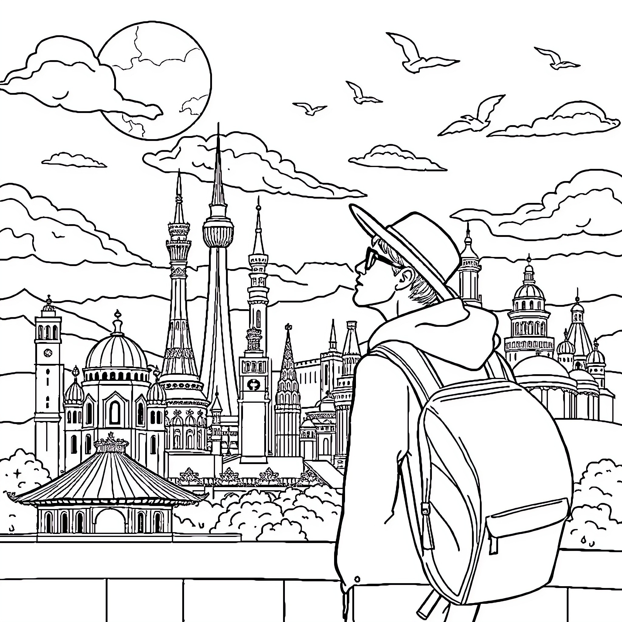 Adult Exploring Cityscape on a Cloudy Day Coloring Page (free black-and-white line drawing printable PDF for all, from beginners to advanced learners, including children, teens, adults, and seniors)