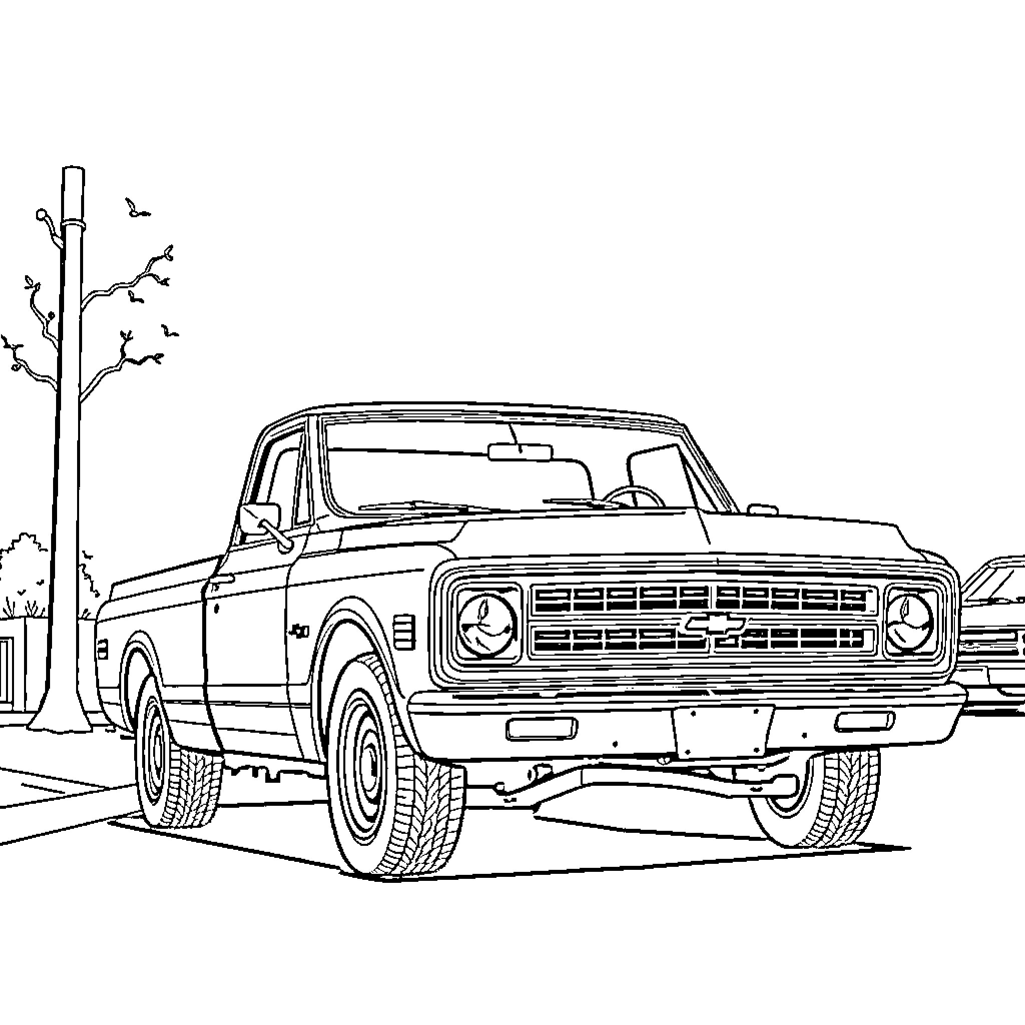 C10 Vintage Pickup Truck on the Road Coloring Page (free black-and-white line drawing printable PDF for all, from beginners to advanced learners, including children, teens, adults, and seniors)