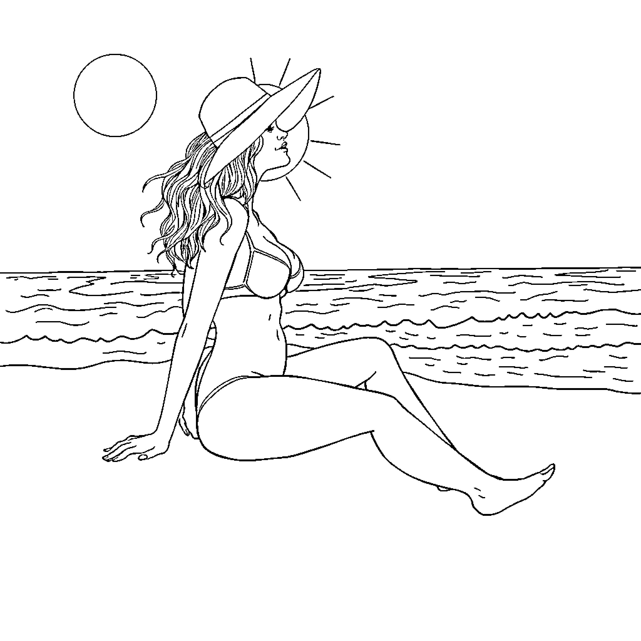 Woman relaxing on the beach under the sun Coloring Page (free black-and-white line drawing printable PDF for all, from beginners to advanced learners, including children, teens, adults, and seniors)