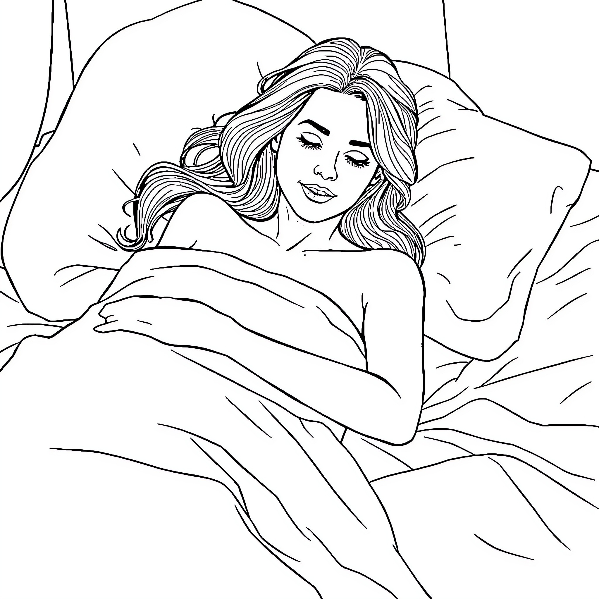 Wife resting comfortably in bed Coloring Page (free black-and-white line drawing printable PDF for all, from beginners to advanced learners, including children, teens, adults, and seniors)