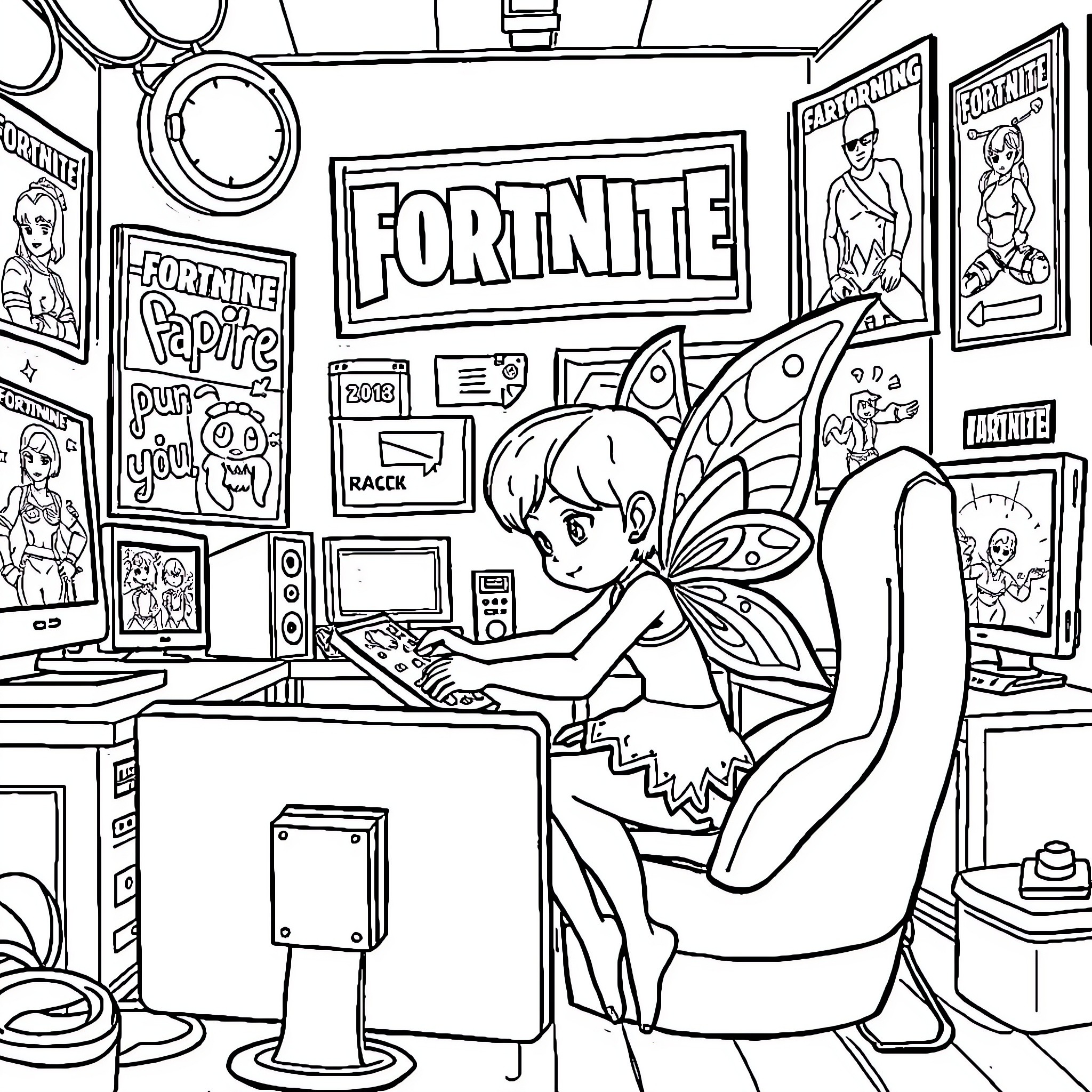 Fairy playing Fortnite video game in gaming setup Coloring Page (free black-and-white line drawing printable PDF for all, from beginners to advanced learners, including children, teens, adults, and seniors)