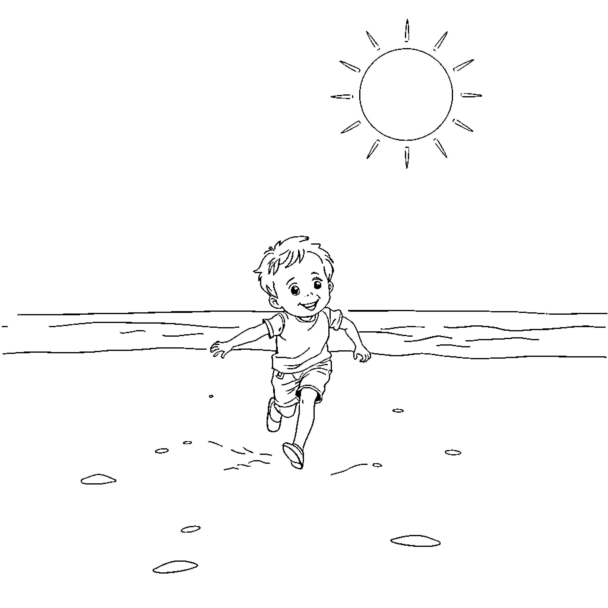 Child running joyfully on the beach Coloring Page (free black-and-white line drawing printable PDF for all, from beginners to advanced learners, including children, teens, adults, and seniors)