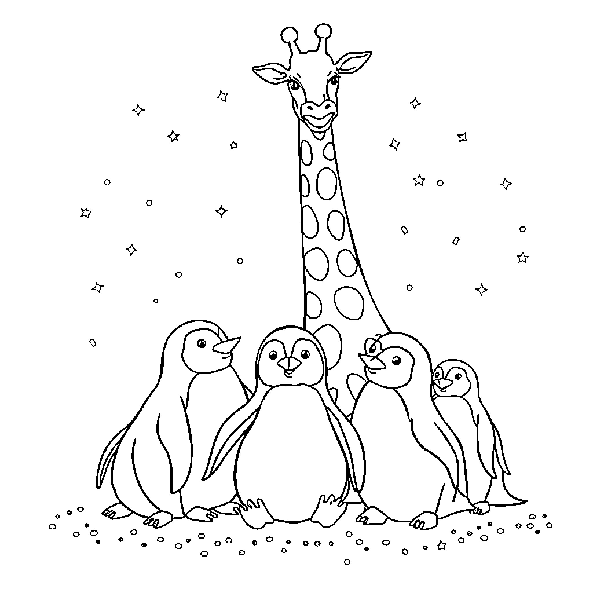 Giraffe watching over playful penguins in the snow Coloring Page (free black-and-white line drawing printable PDF for all, from beginners to advanced learners, including children, teens, adults, and seniors)