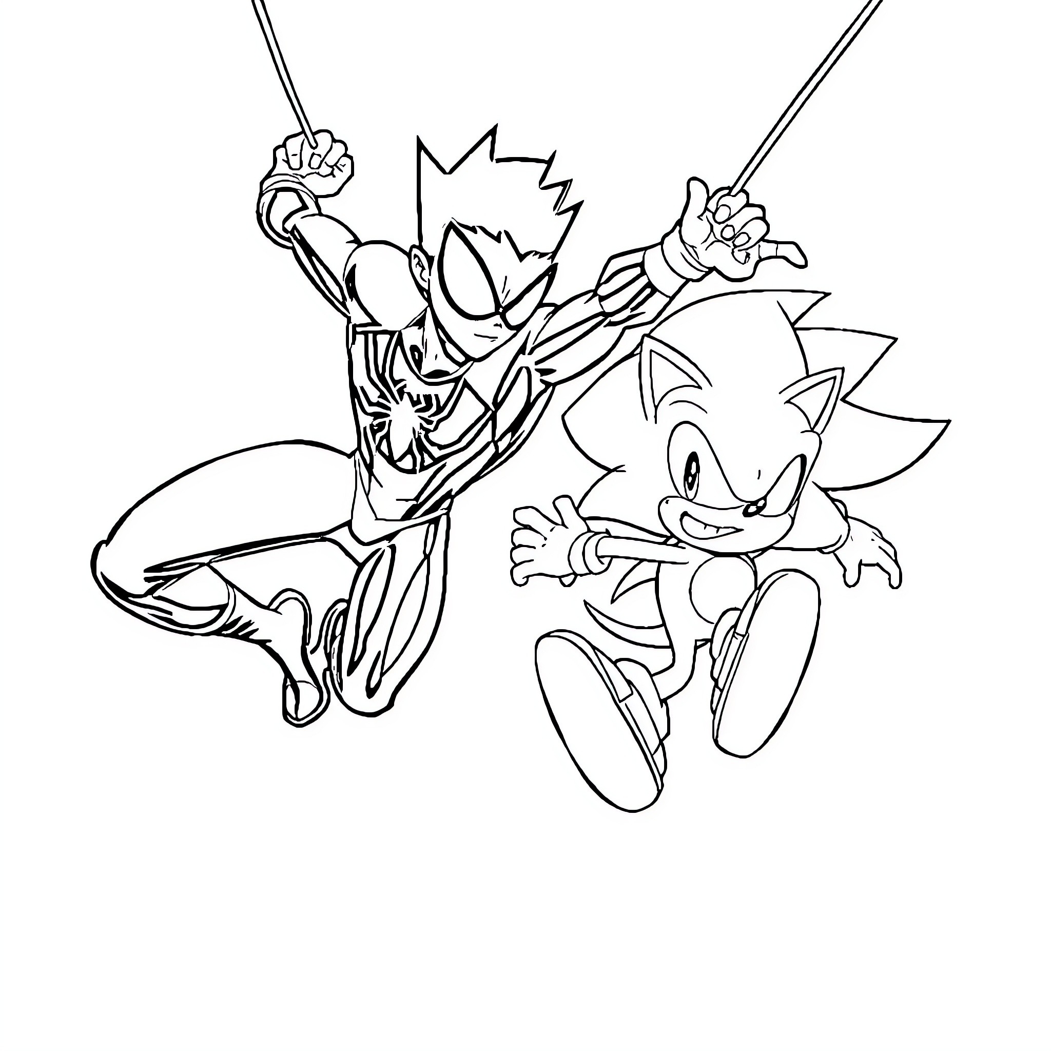 Miles Morales and Sonic the Hedgehog fighting heroically Coloring Page (free black-and-white line drawing printable PDF for all, from beginners to advanced learners, including children, teens, adults, and seniors)