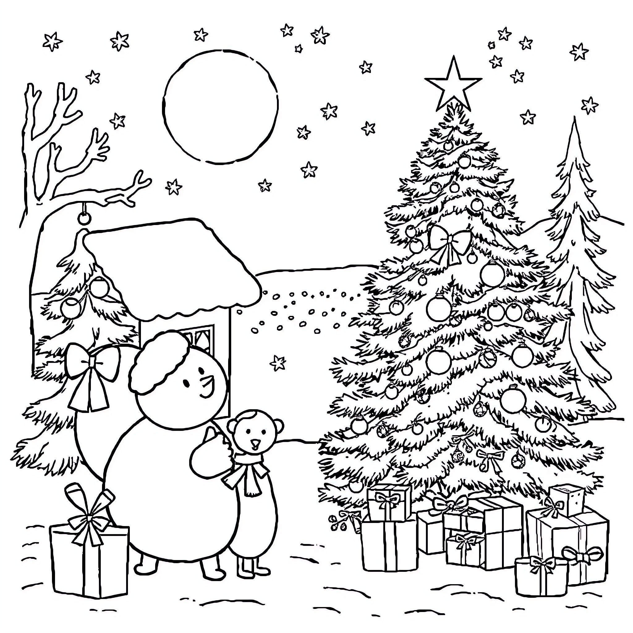 Christmas scene with decorated tree and snowman Coloring Page (free black-and-white line drawing printable PDF for all, from beginners to advanced learners, including children, teens, adults, and seniors)