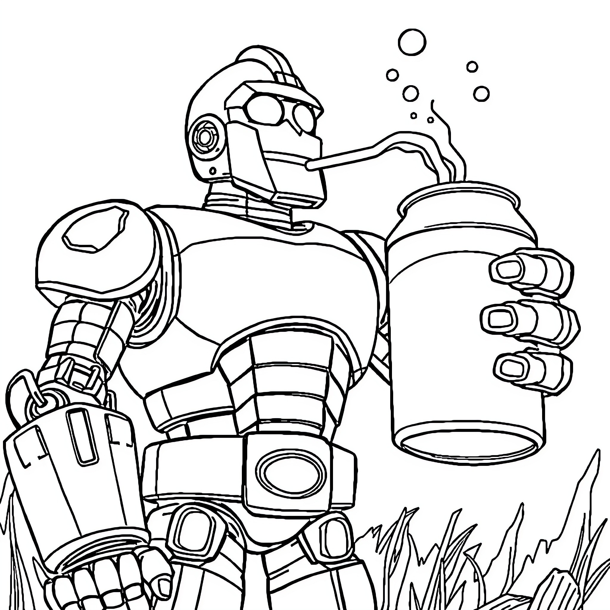 Iron Giant exploring underwater with breathing apparatus Coloring Page (free black-and-white line drawing printable PDF for all, from beginners to advanced learners, including children, teens, adults, and seniors)