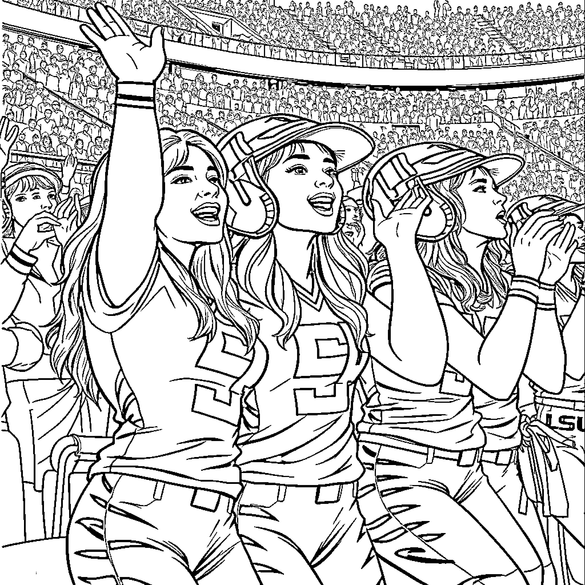 Tiger Fans Celebrating Victory at Stadium Coloring Page (free black-and-white line drawing printable PDF for all, from beginners to advanced learners, including children, teens, adults, and seniors)