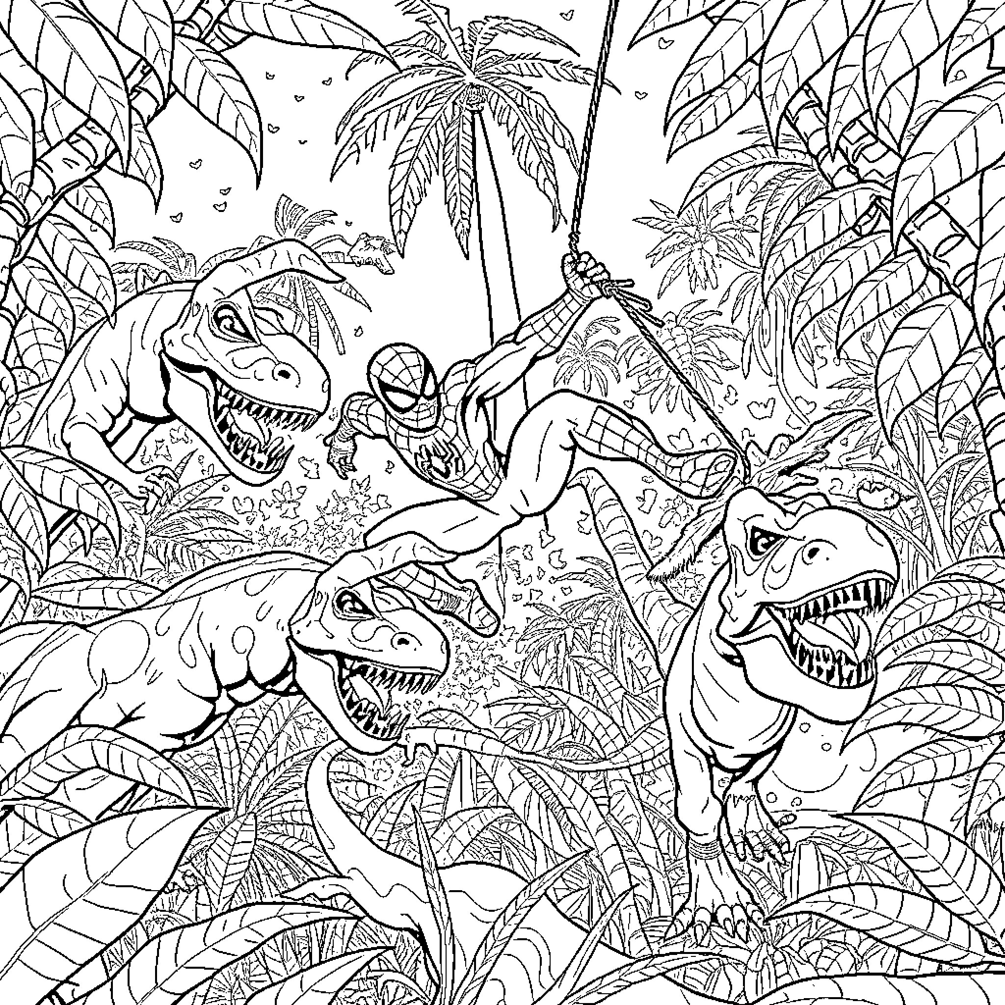 Spider-Man fights dinosaurs in the jungle Coloring Page (free black-and-white line drawing printable PDF for all, from beginners to advanced learners, including children, teens, adults, and seniors)