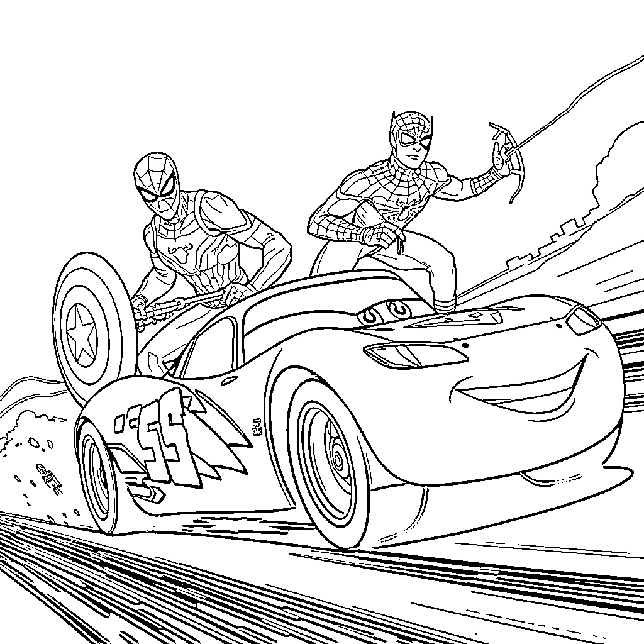 Flash McQueen and Spider-Man racing through the city Coloring Page (free black-and-white line drawing printable PDF for all, from beginners to advanced learners, including children, teens, adults, and seniors)