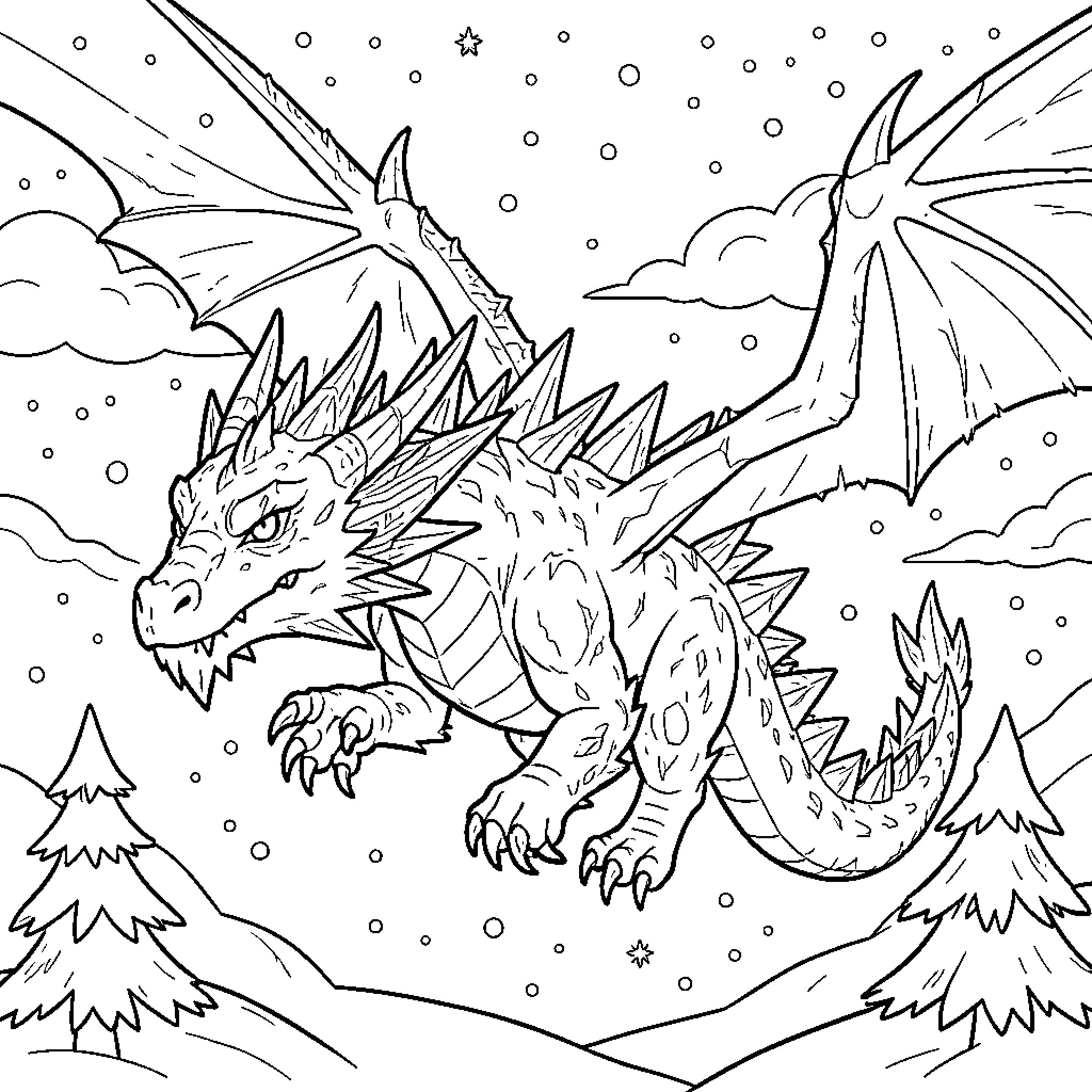 Ice Dragon soaring through a snowy mountain landscape Coloring Page (free black-and-white line drawing printable PDF for all, from beginners to advanced learners, including children, teens, adults, and seniors)