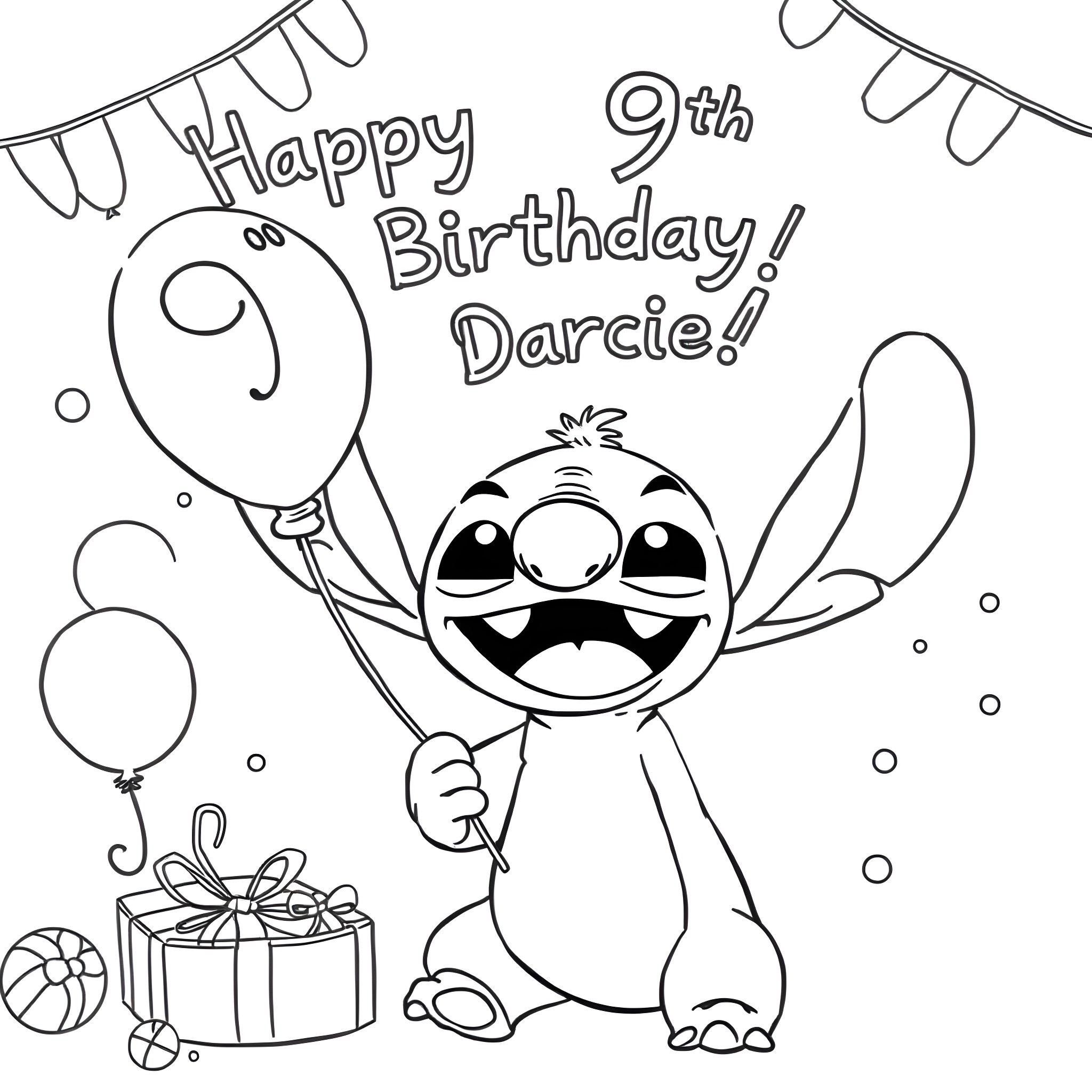 Stitch celebrates Darcie's 9th birthday happily Coloring Page (free black-and-white line drawing printable PDF for all, from beginners to advanced learners, including children, teens, adults, and seniors)