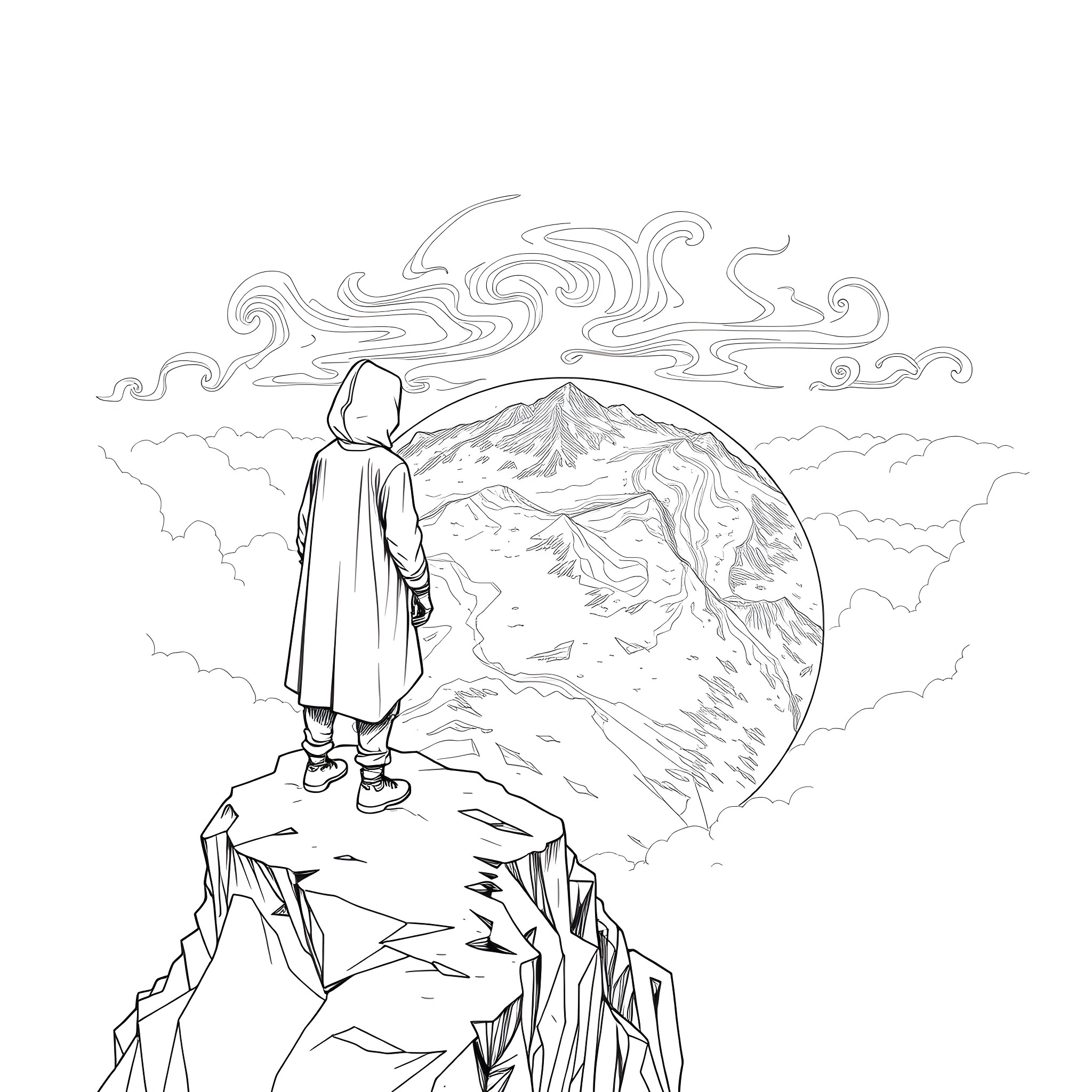 Hooded Figure Overlooking Rugged Mountainous Landscape Coloring Page (free black-and-white line drawing printable PDF for all, from beginners to advanced learners, including children, teens, adults, and seniors)