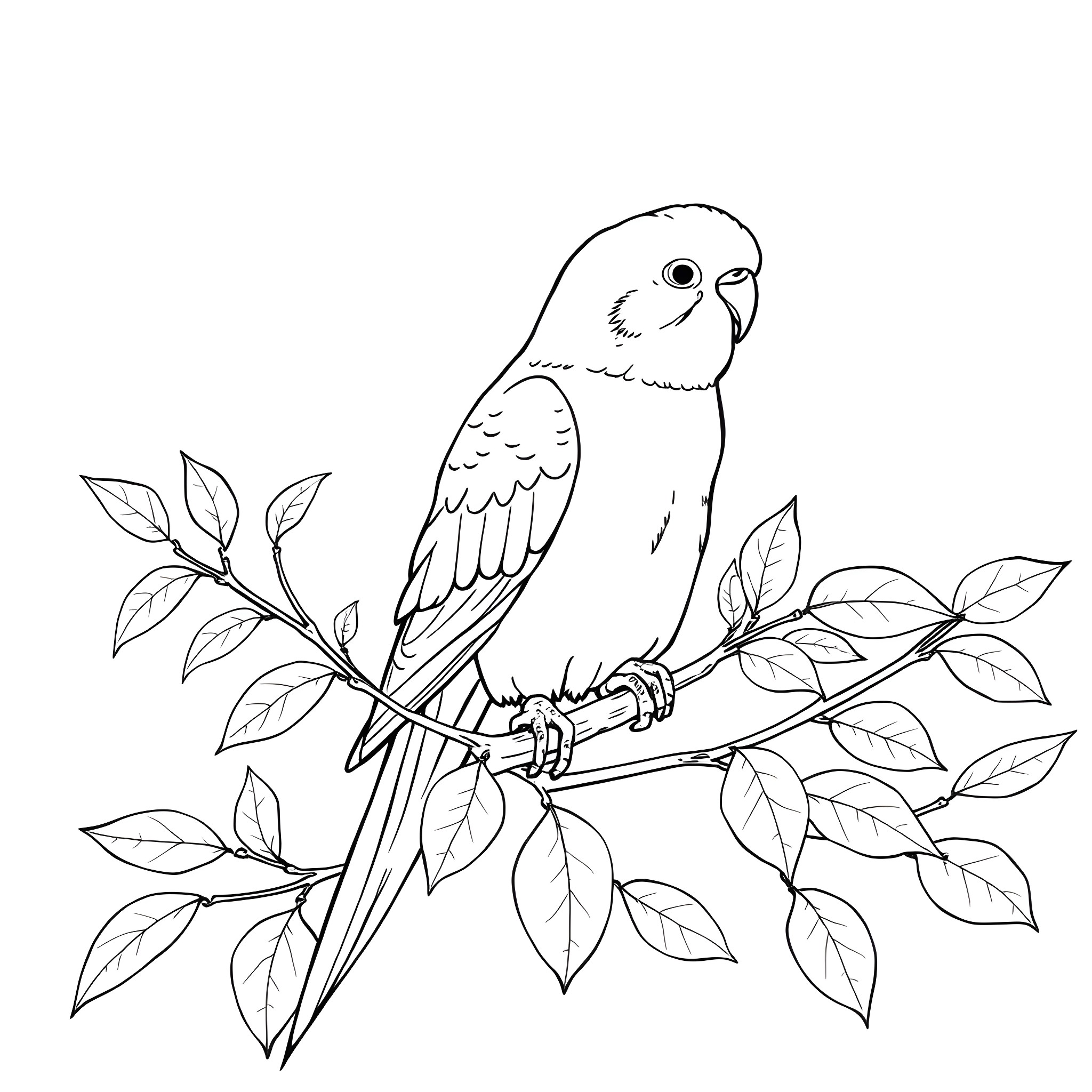 Budgerigar perched on leafy branch Coloring Page (free black-and-white line drawing printable PDF for all, from beginners to advanced learners, including children, teens, adults, and seniors)