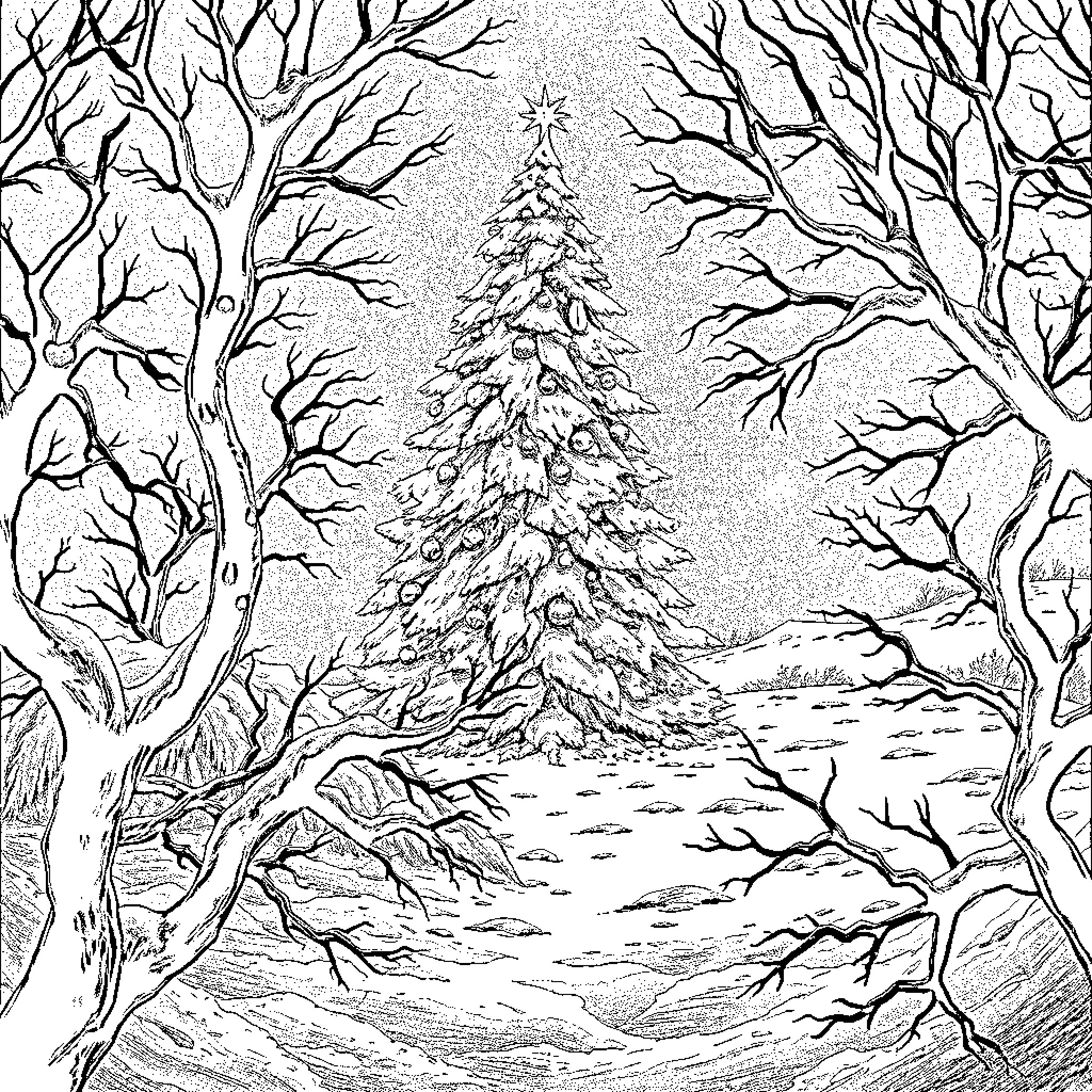 Christmas Tree in Snowy Forest Coloring Page (free black-and-white line drawing printable PDF for all, from beginners to advanced learners, including children, teens, adults, and seniors)