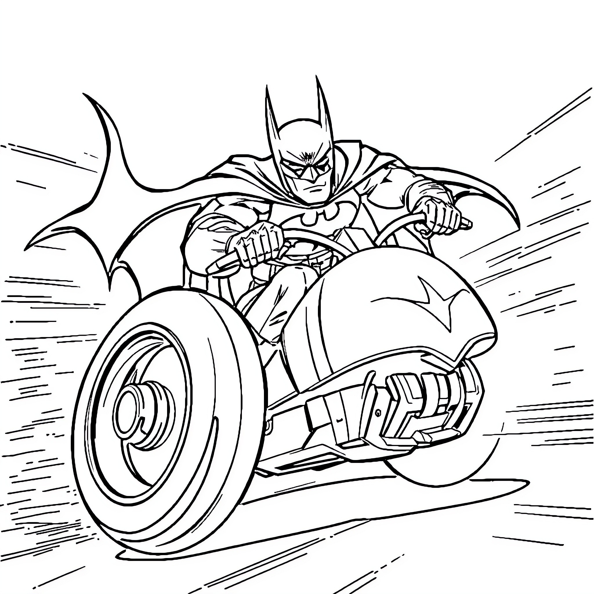 Batman races on his Batcycle through the city Coloring Page (free black-and-white line drawing printable PDF for all, from beginners to advanced learners, including children, teens, adults, and seniors)