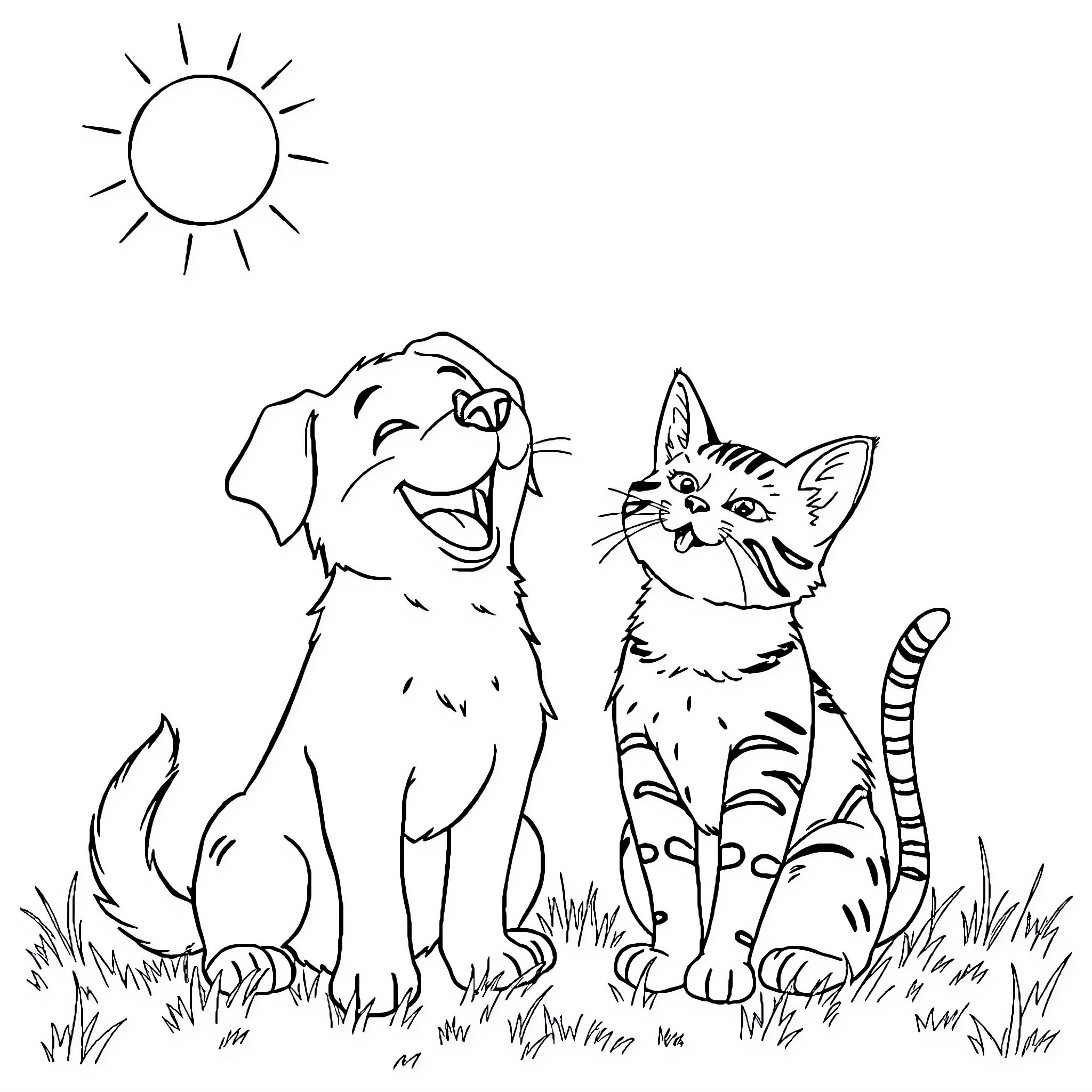 Dog and Cat playing happily in the sun Coloring Page (free black-and-white line drawing printable PDF for all, from beginners to advanced learners, including children, teens, adults, and seniors)