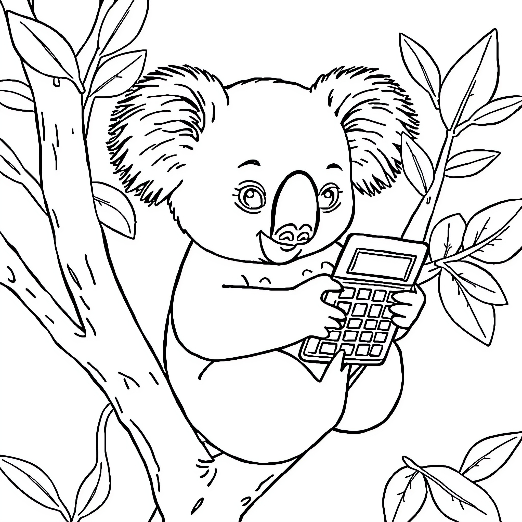 Koala Counting on a Calculator in the Jungle Coloring Page (free black-and-white line drawing printable PDF for all, from beginners to advanced learners, including children, teens, adults, and seniors)