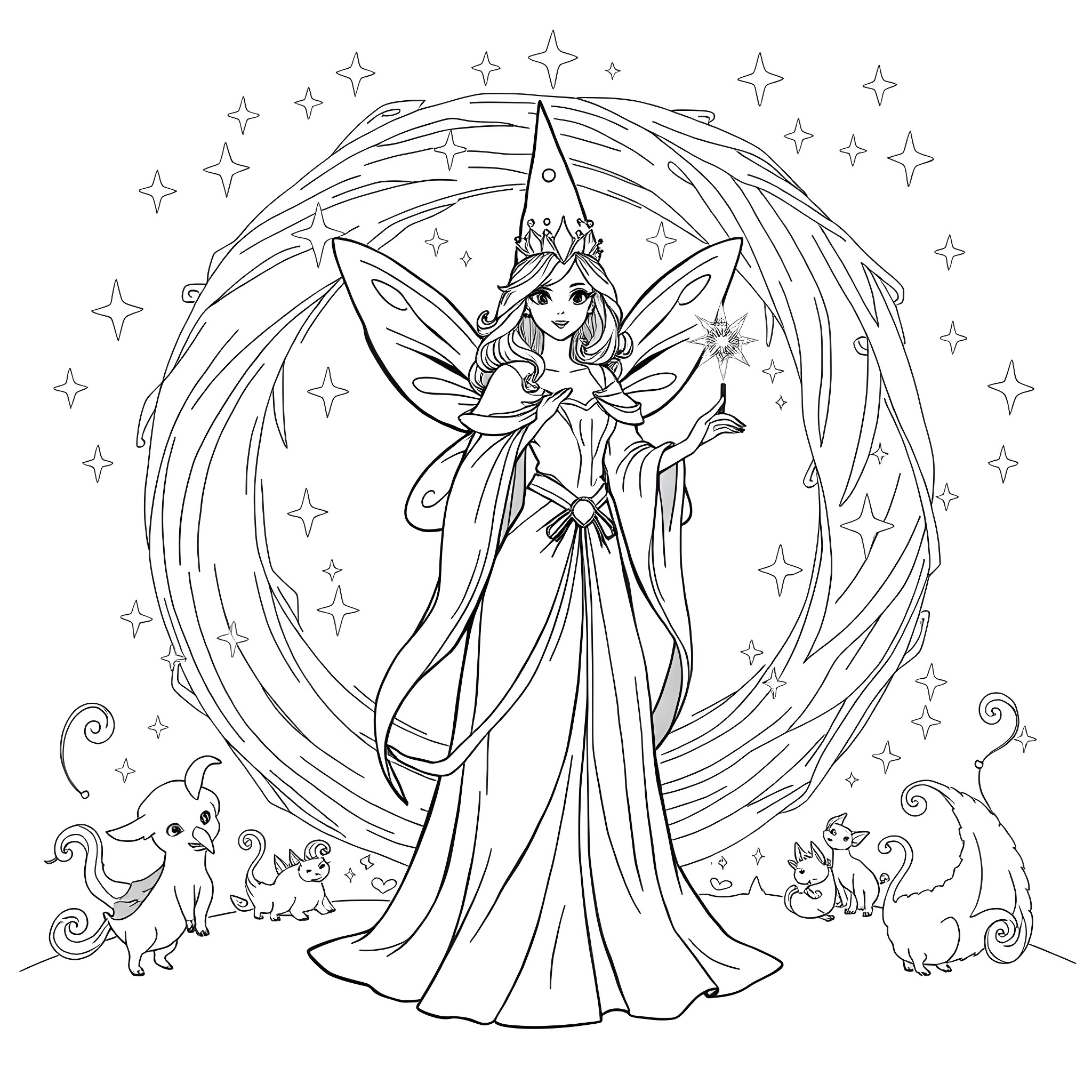 Fairy Godmother enchanting with magical dress and wand Coloring Page (free black-and-white line drawing printable PDF for all, from beginners to advanced learners, including children, teens, adults, and seniors)