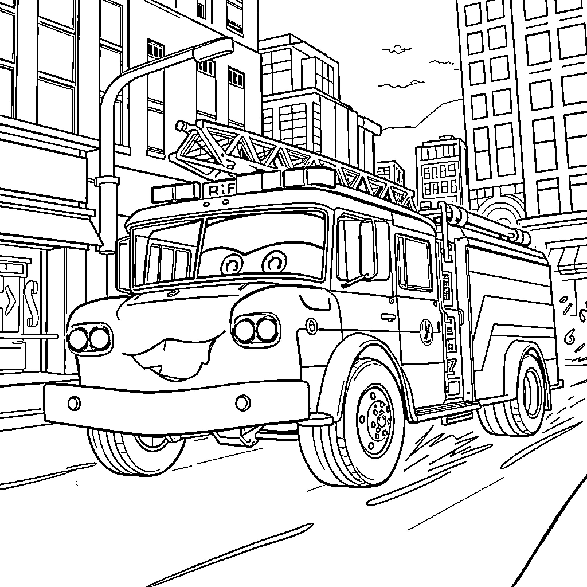 Flash McQueen fire truck in the city Coloring Page (free black-and-white line drawing printable PDF for all, from beginners to advanced learners, including children, teens, adults, and seniors)