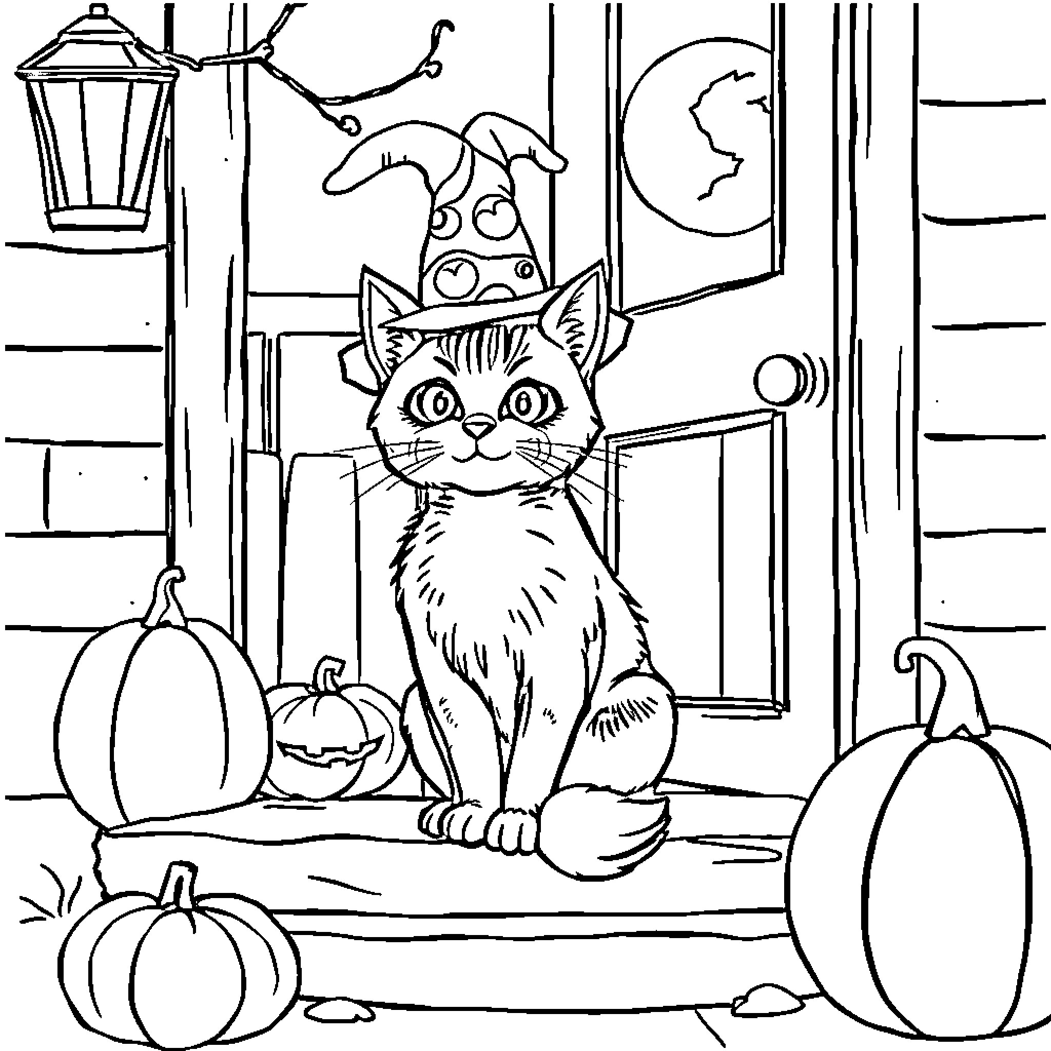 Cat wearing a Halloween costume on the porch Coloring Page (free black-and-white line drawing printable PDF for all, from beginners to advanced learners, including children, teens, adults, and seniors)