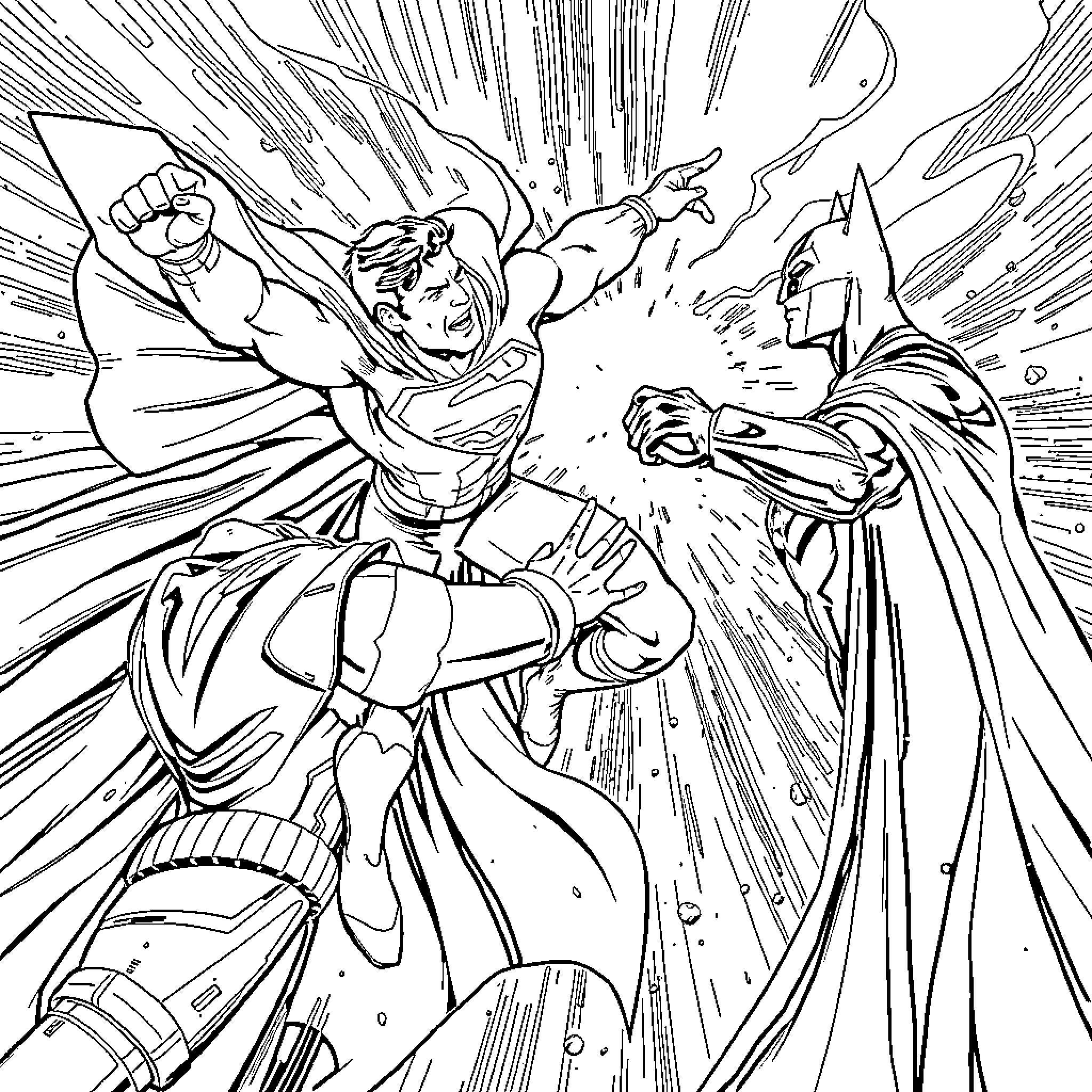 Superman's Epic Clash with Batman in Action Coloring Page (free black-and-white line drawing printable PDF for all, from beginners to advanced learners, including children, teens, adults, and seniors)