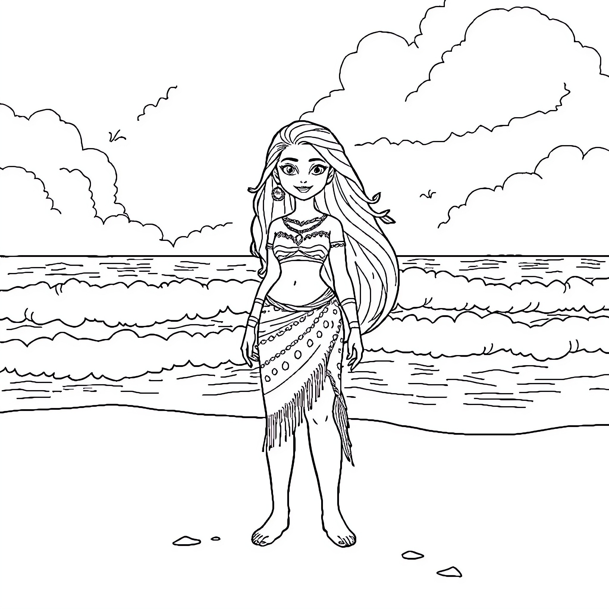 Vaiana exploring the ocean with joy and wonder Coloring Page (free black-and-white line drawing printable PDF for all, from beginners to advanced learners, including children, teens, adults, and seniors)
