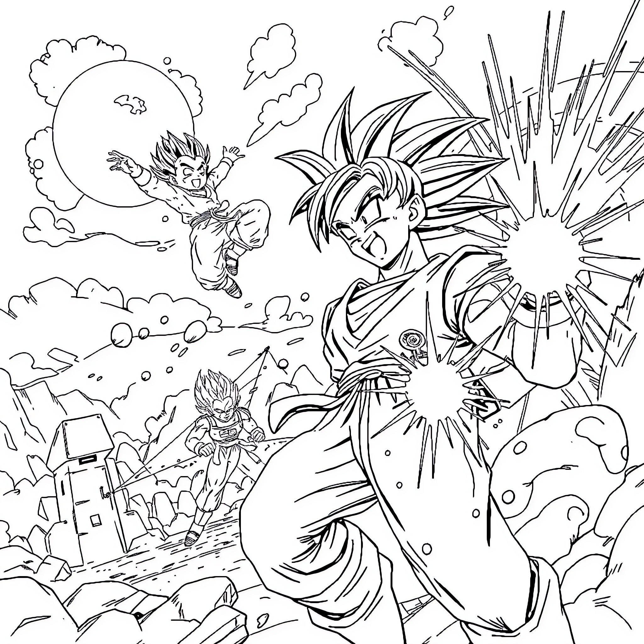Dragon Ball Z: Epic Battle with Explosive Transformations Coloring Page (free black-and-white line drawing printable PDF for all, from beginners to advanced learners, including children, teens, adults, and seniors)