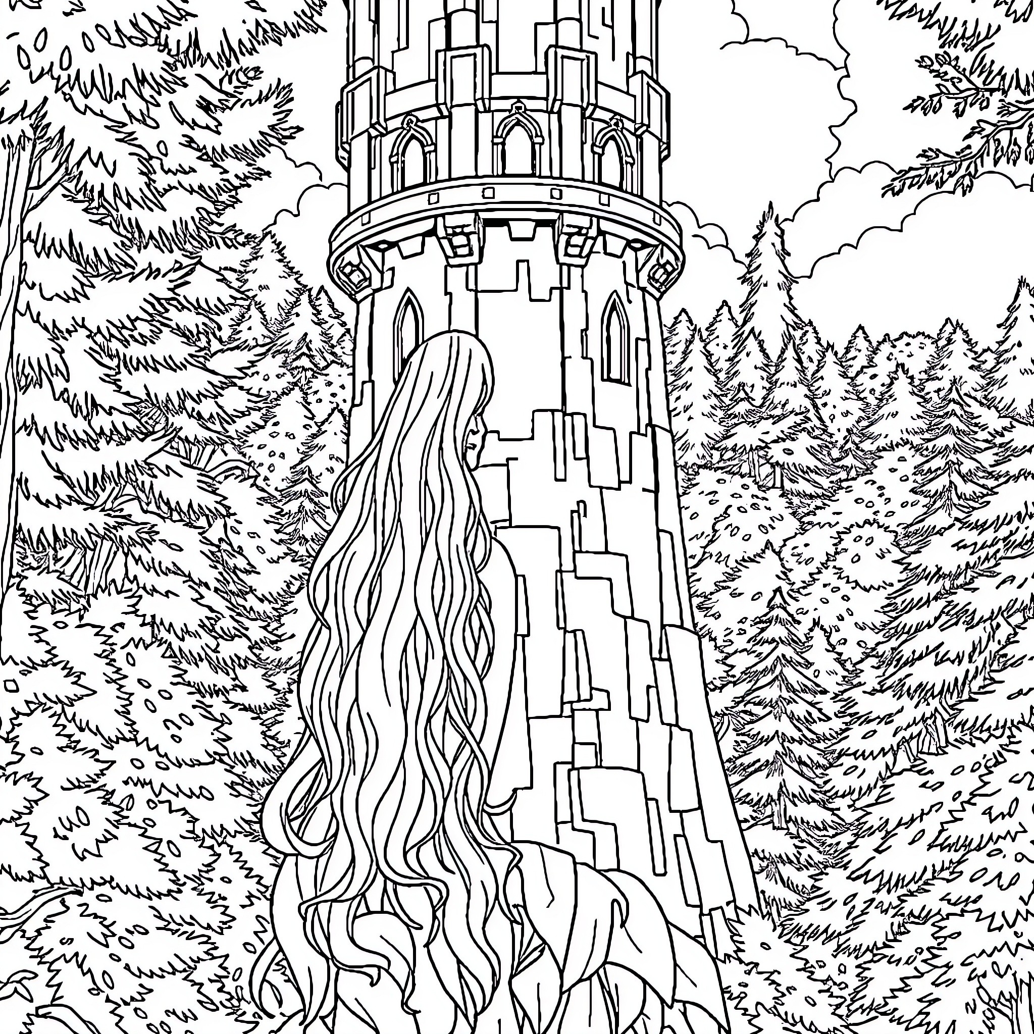 Rapunzel gazing at the enchanted castle in the forest Coloring Page (free black-and-white line drawing printable PDF for all, from beginners to advanced learners, including children, teens, adults, and seniors)