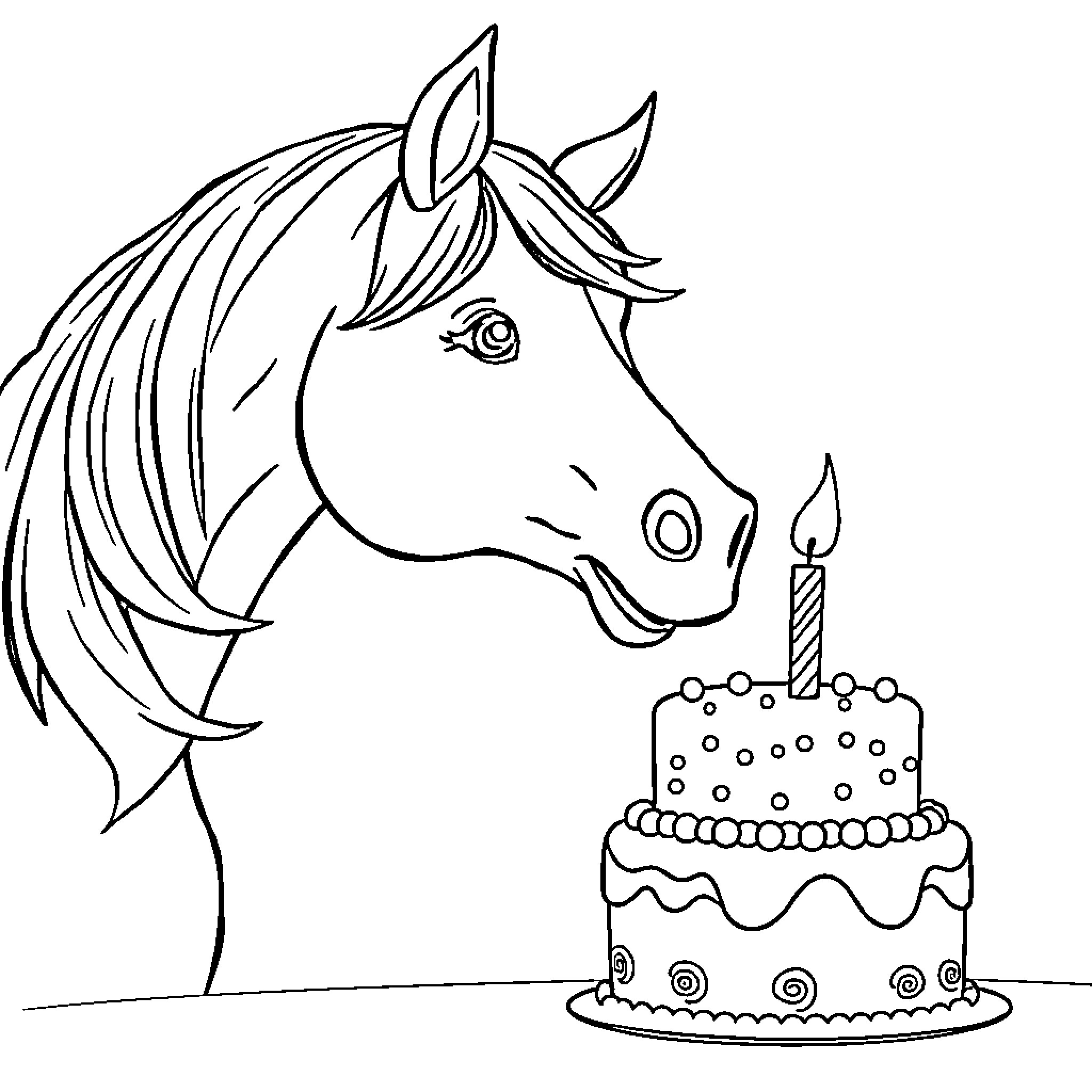 Horse examining birthday cake with curiosity Coloring Page (free black-and-white line drawing printable PDF for all, from beginners to advanced learners, including children, teens, adults, and seniors)