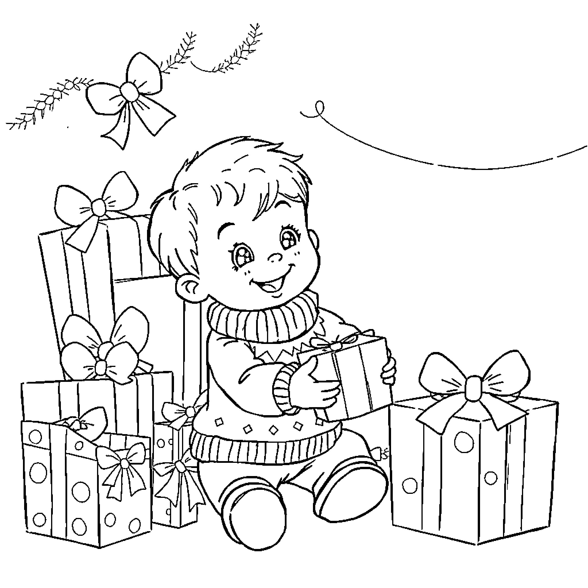 Boy excitedly opening Christmas presents Coloring Page (free black-and-white line drawing printable PDF for all, from beginners to advanced learners, including children, teens, adults, and seniors)