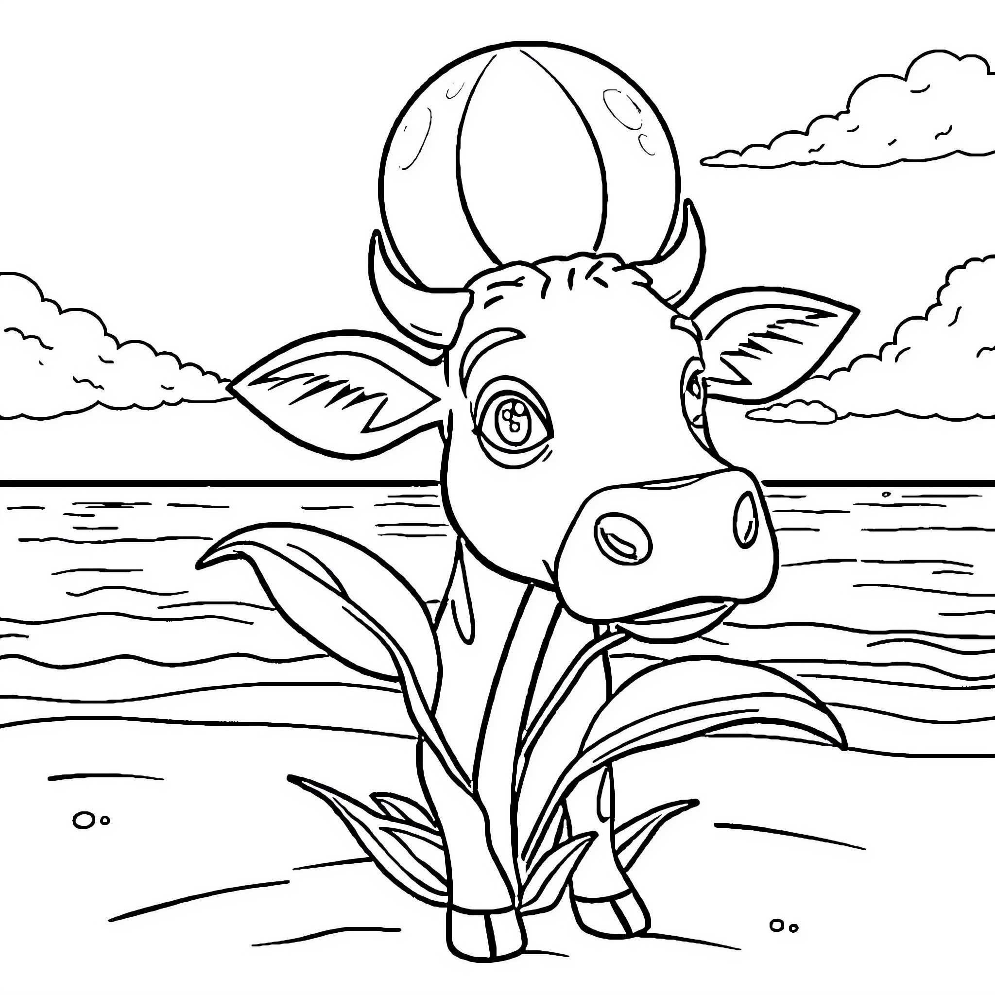 Cow Plant Looks Curious in Nature Coloring Page (free black-and-white line drawing printable PDF for all, from beginners to advanced learners, including children, teens, adults, and seniors)
