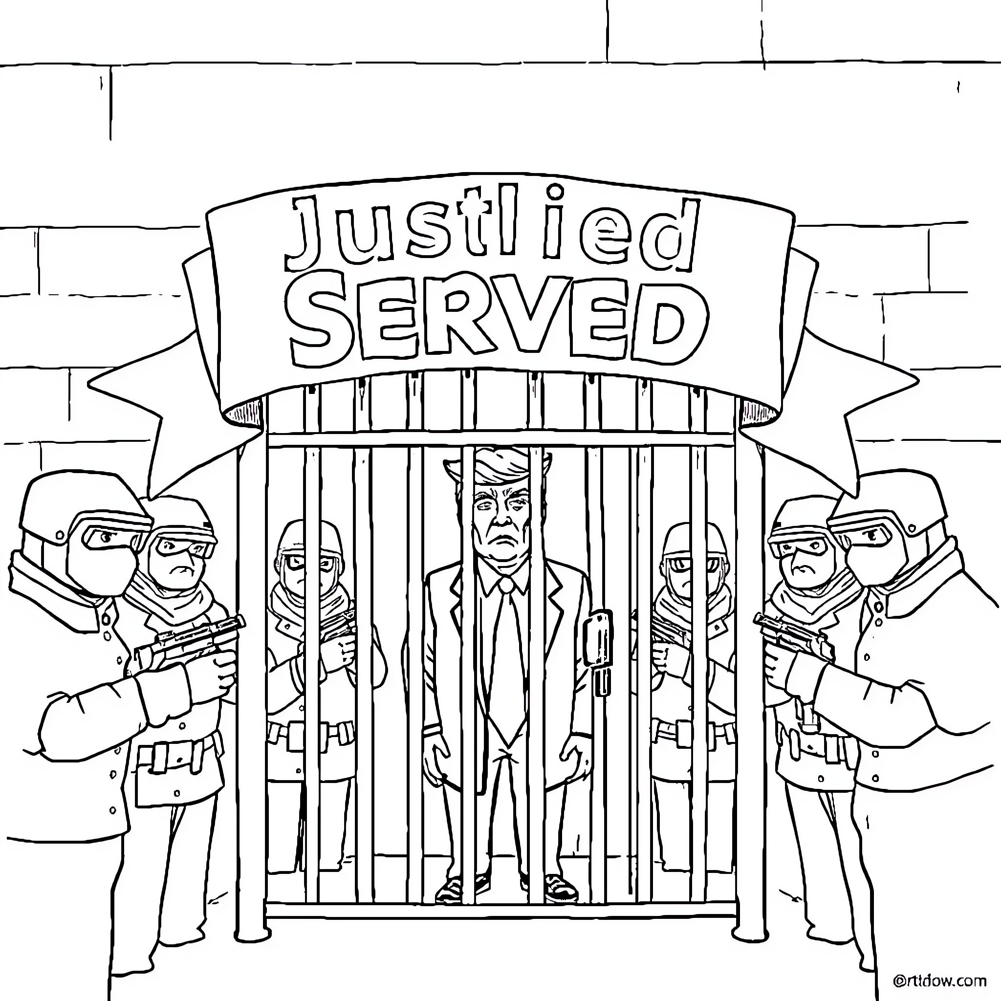 Trump Justified Served in Prison Scene Coloring Page (free black-and-white line drawing printable PDF for all, from beginners to advanced learners, including children, teens, adults, and seniors)