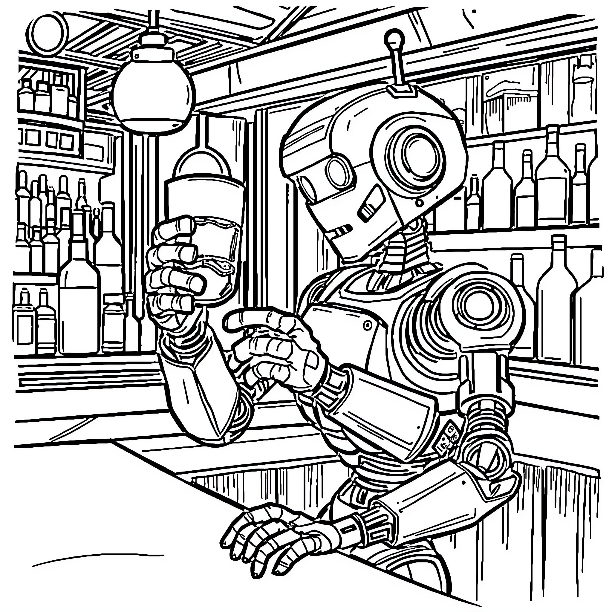 Robot bartender mixing drinks in a retro bar Coloring Page (free black-and-white line drawing printable PDF for all, from beginners to advanced learners, including children, teens, adults, and seniors)