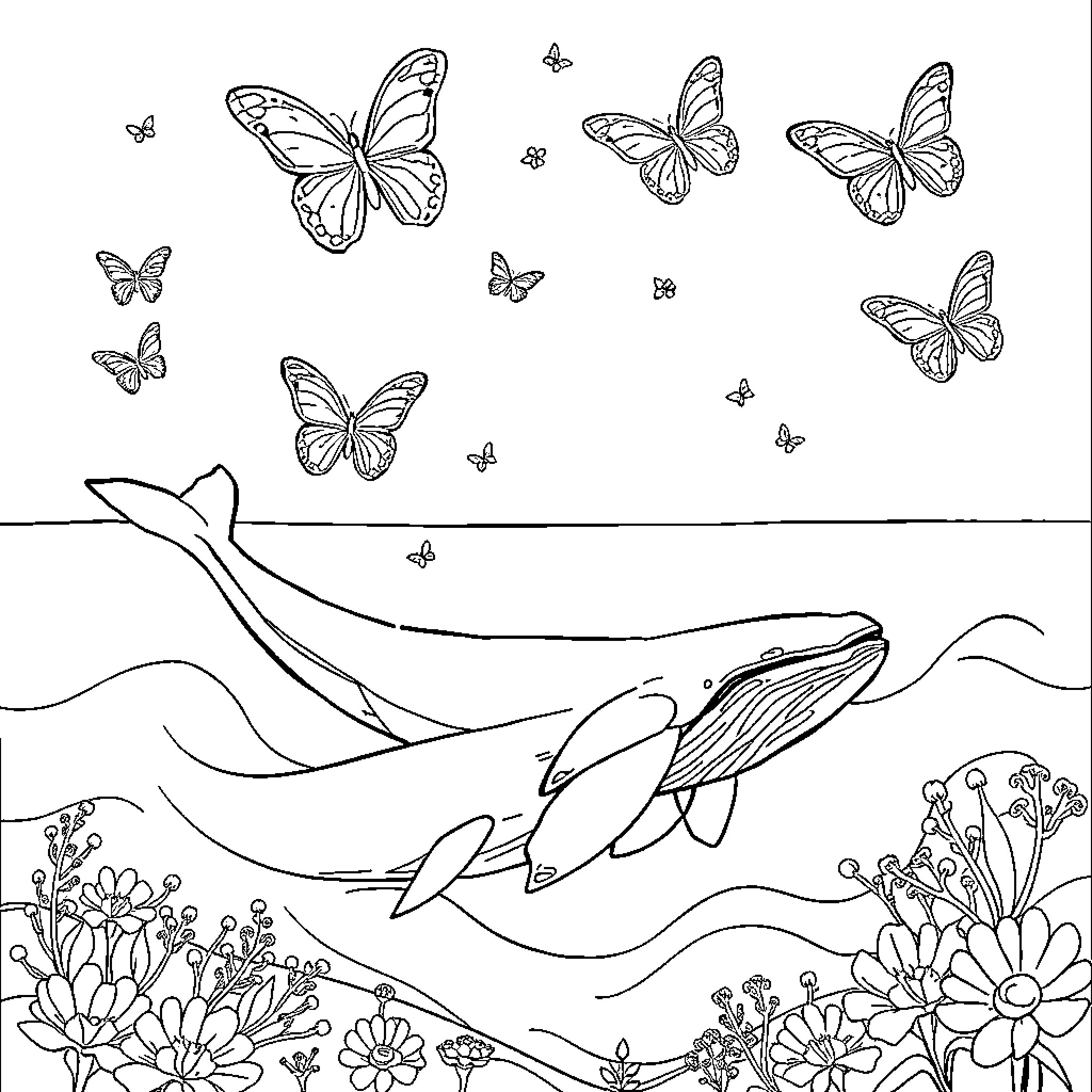Butterfly Sanctuary with Marine Life Coloring Page (free black-and-white line drawing printable PDF for all, from beginners to advanced learners, including children, teens, adults, and seniors)