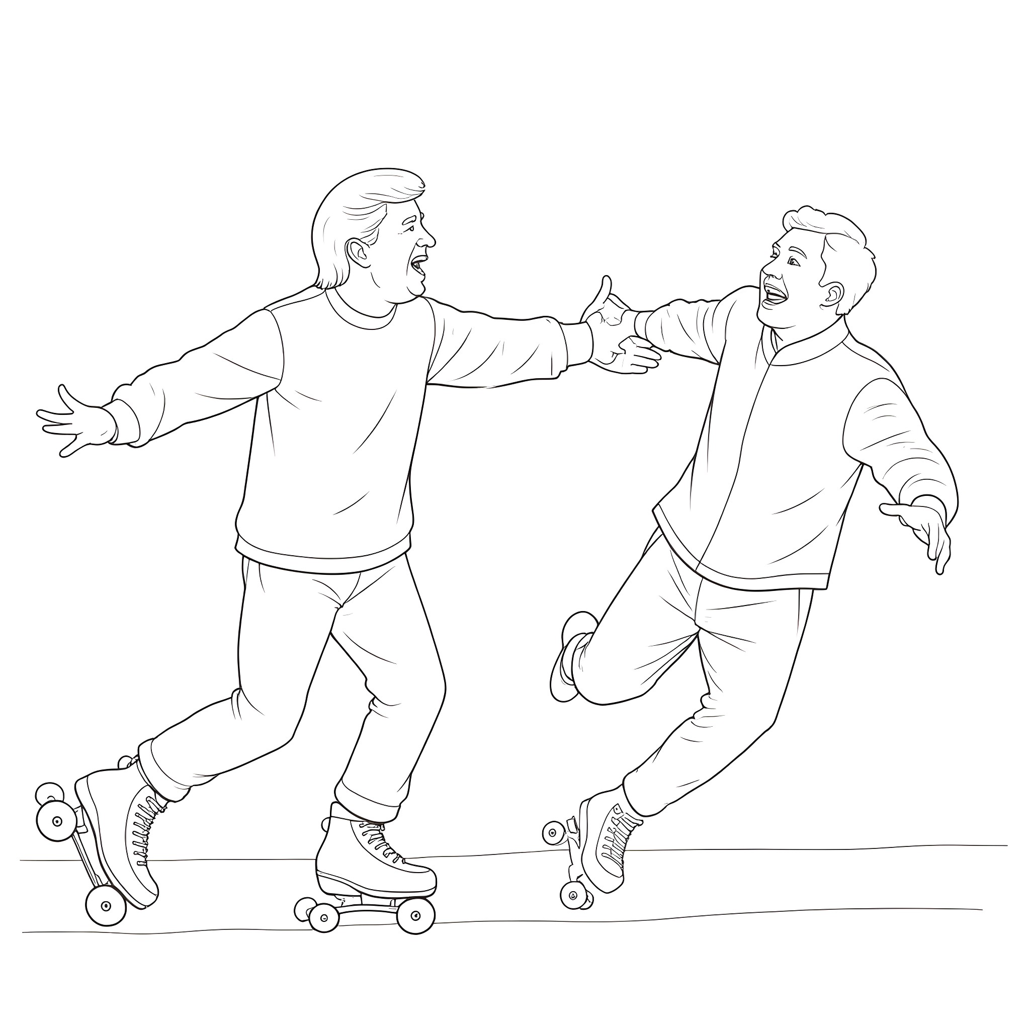 Donald Trump and a man skating together Coloring Page (free black-and-white line drawing printable PDF for all, from beginners to advanced learners, including children, teens, adults, and seniors)