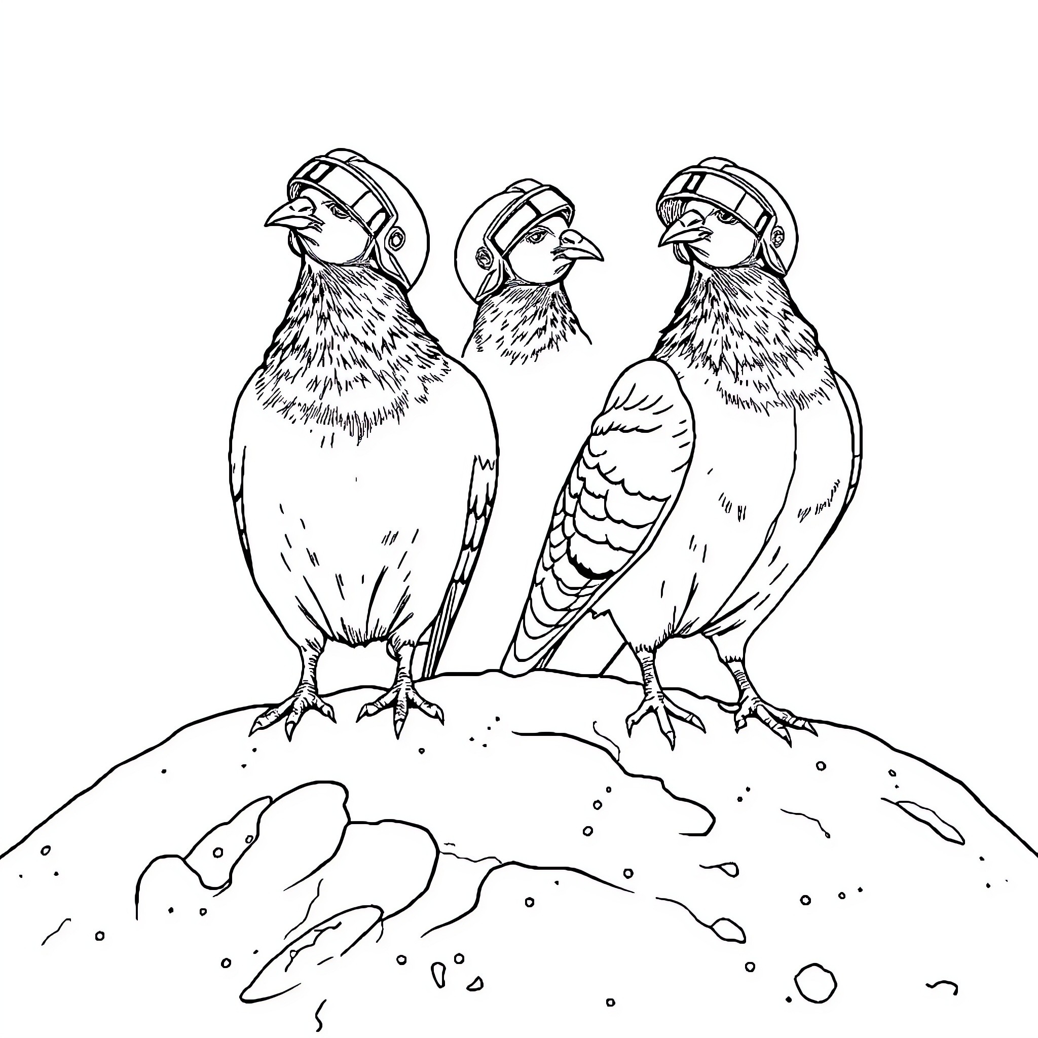 Pigeon construction workers on a snowy site Coloring Page (free black-and-white line drawing printable PDF for all, from beginners to advanced learners, including children, teens, adults, and seniors)