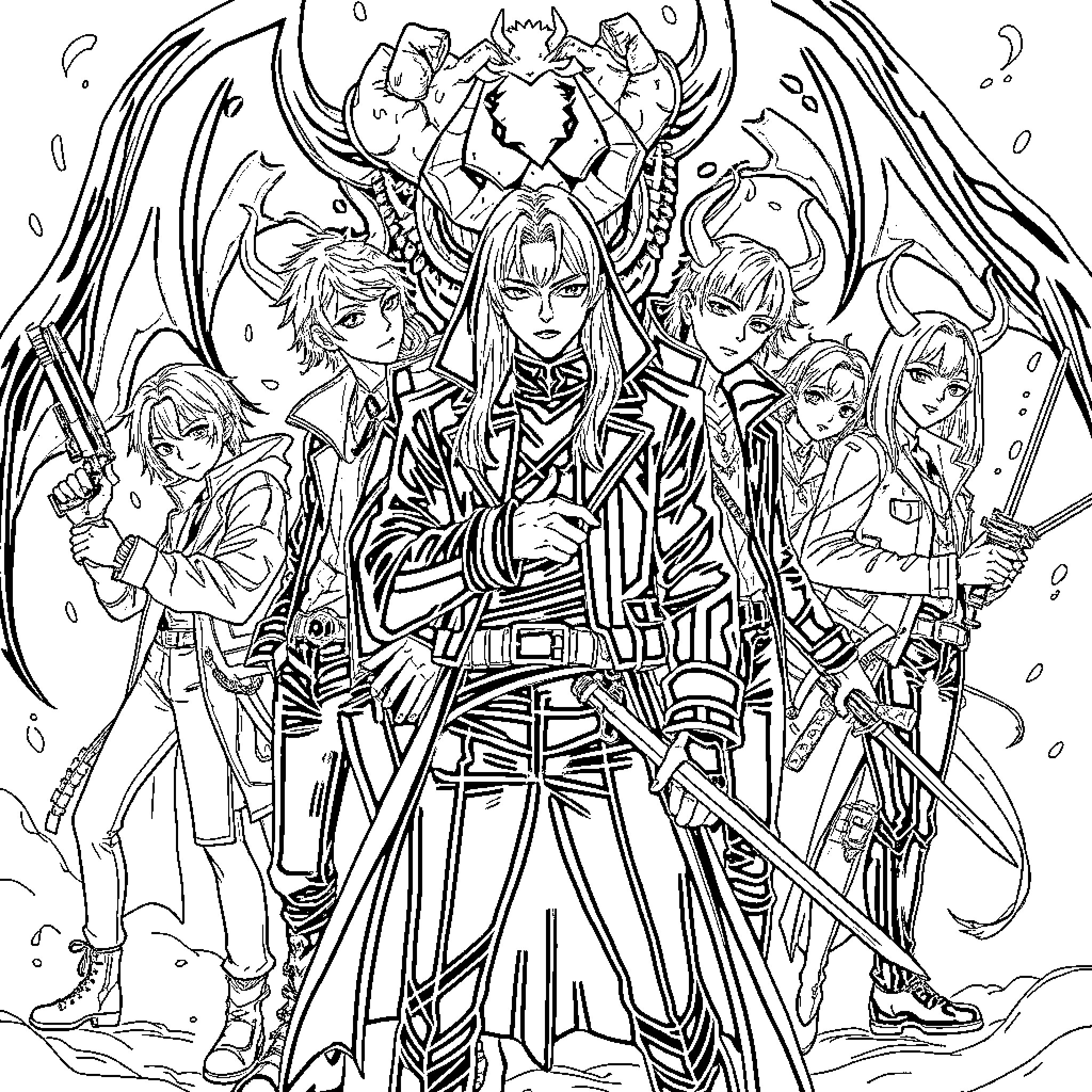 Demon Hunter and their Powerful Squad Coloring Page (free black-and-white line drawing printable PDF for all, from beginners to advanced learners, including children, teens, adults, and seniors)