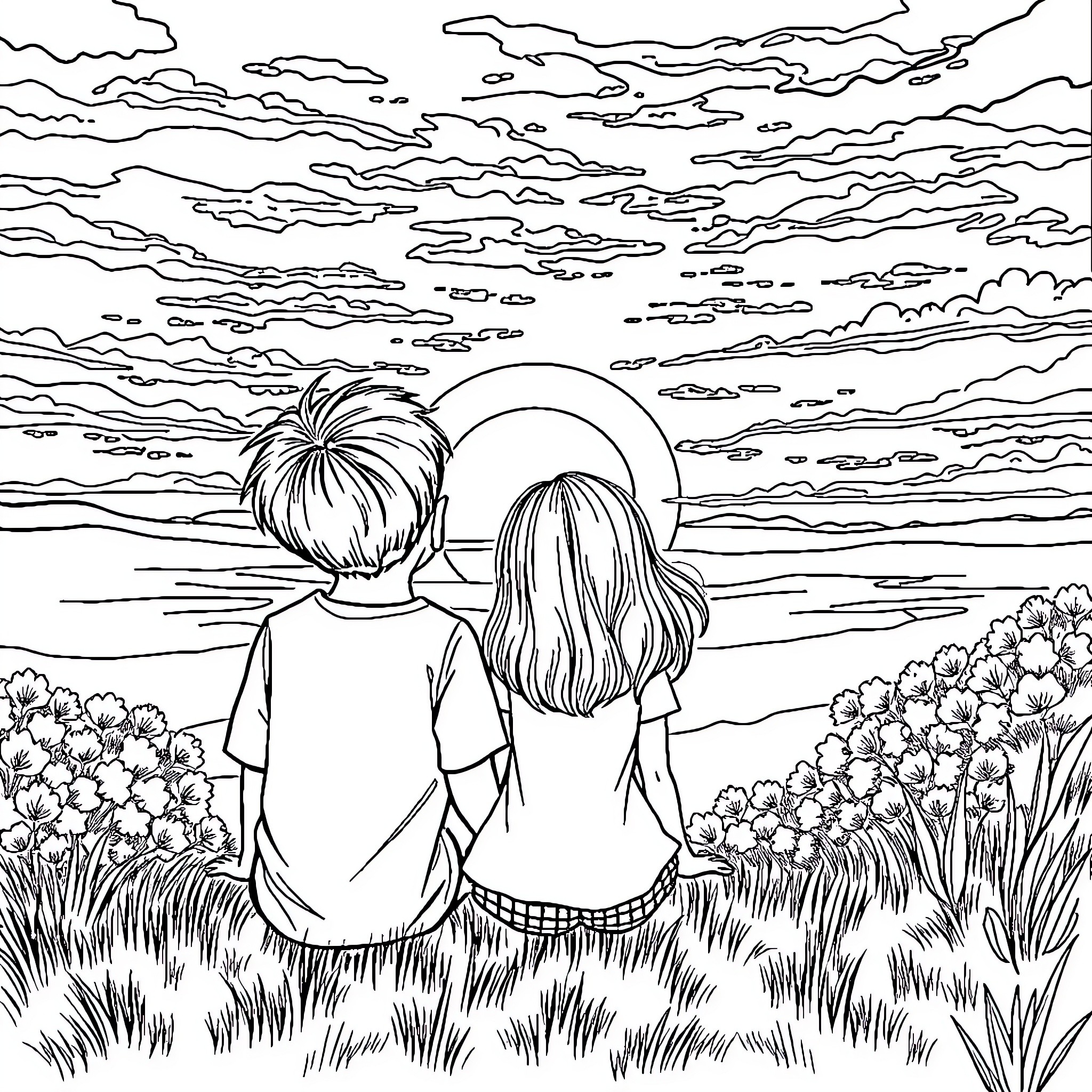 Boy and Girl Watching the Sunset Together Coloring Page (free black-and-white line drawing printable PDF for all, from beginners to advanced learners, including children, teens, adults, and seniors)