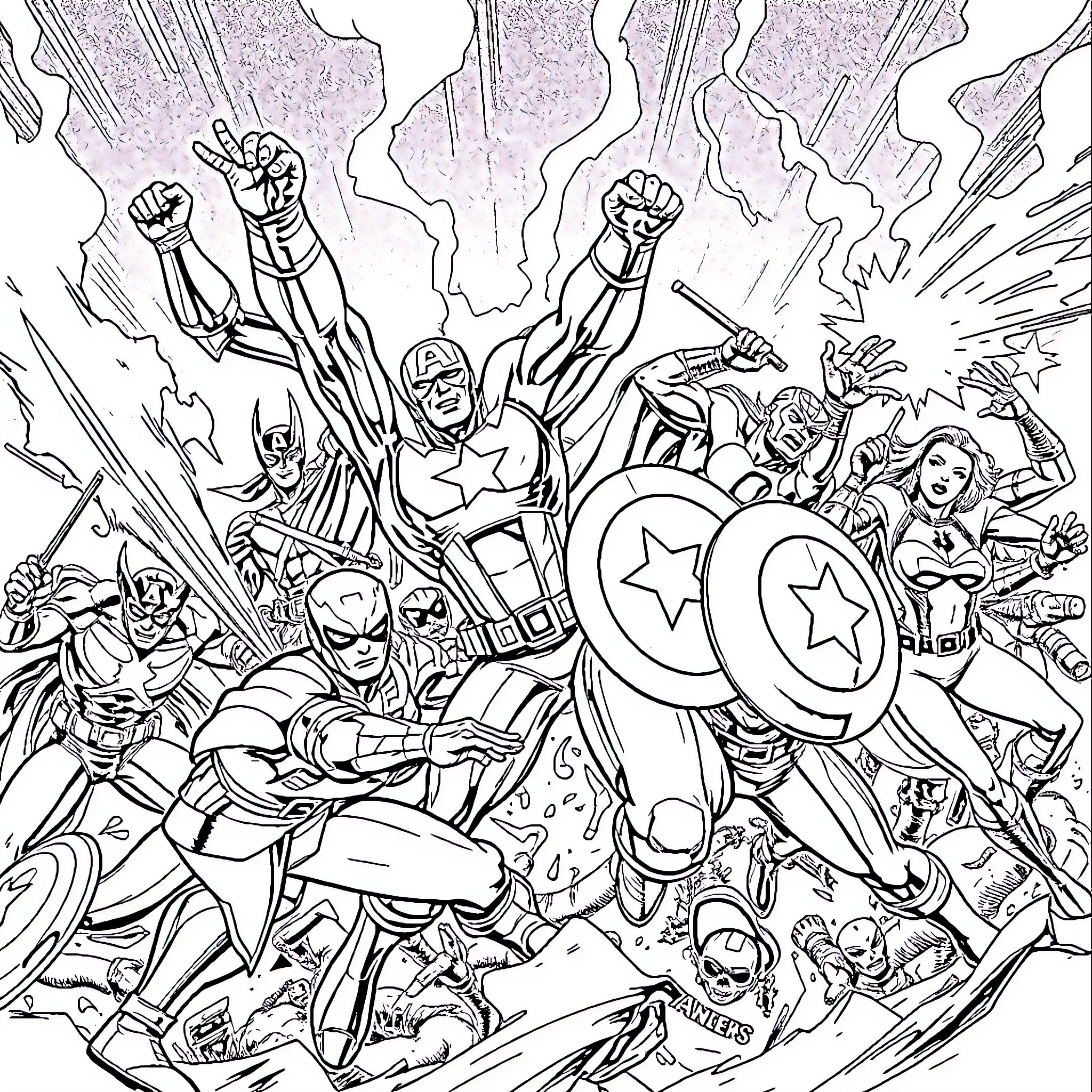 Avengers Assemble in Epic Battle Scene Coloring Page (free black-and-white line drawing printable PDF for all, from beginners to advanced learners, including children, teens, adults, and seniors)