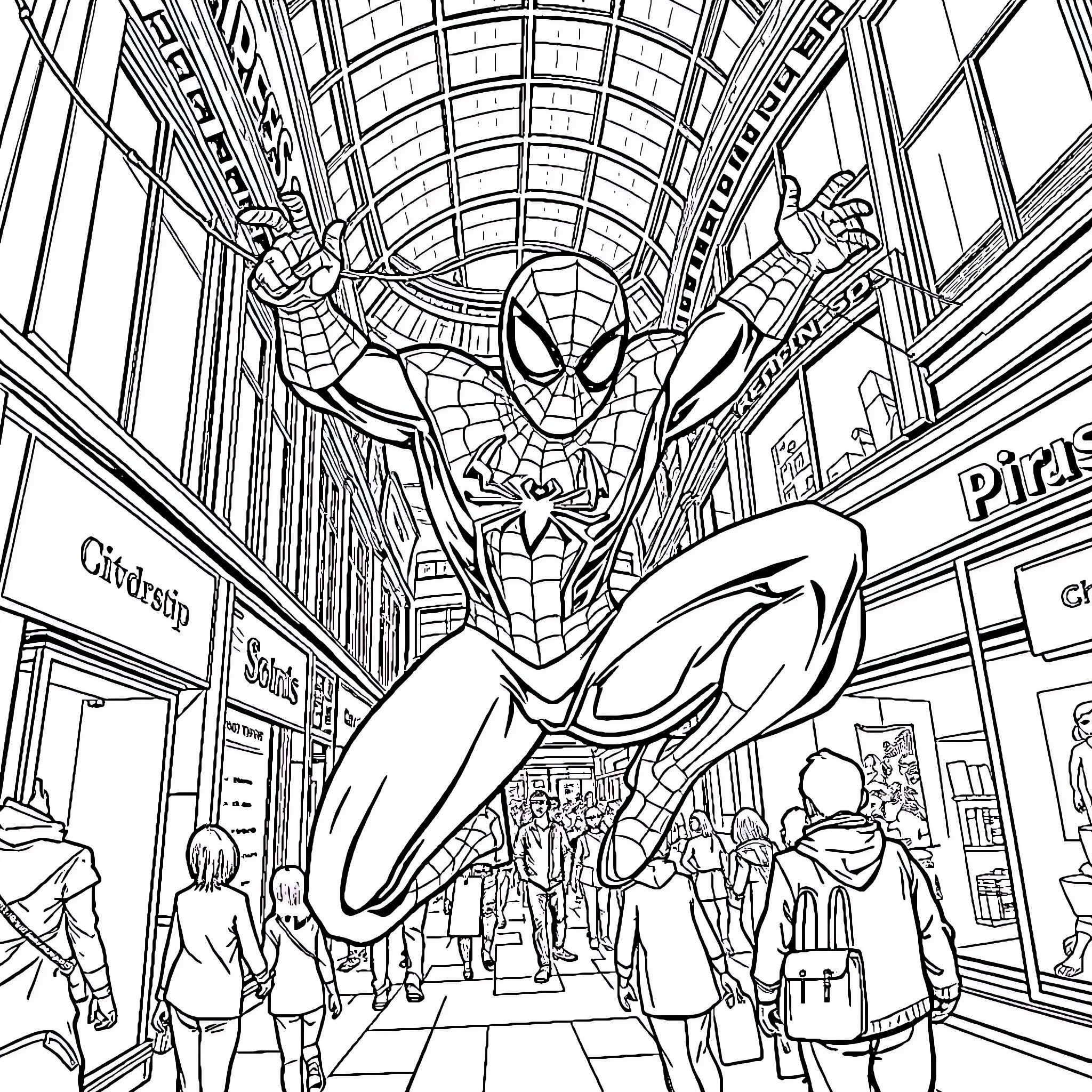 Spiderman swinging through the city streets Coloring Page (free black-and-white line drawing printable PDF for all, from beginners to advanced learners, including children, teens, adults, and seniors)