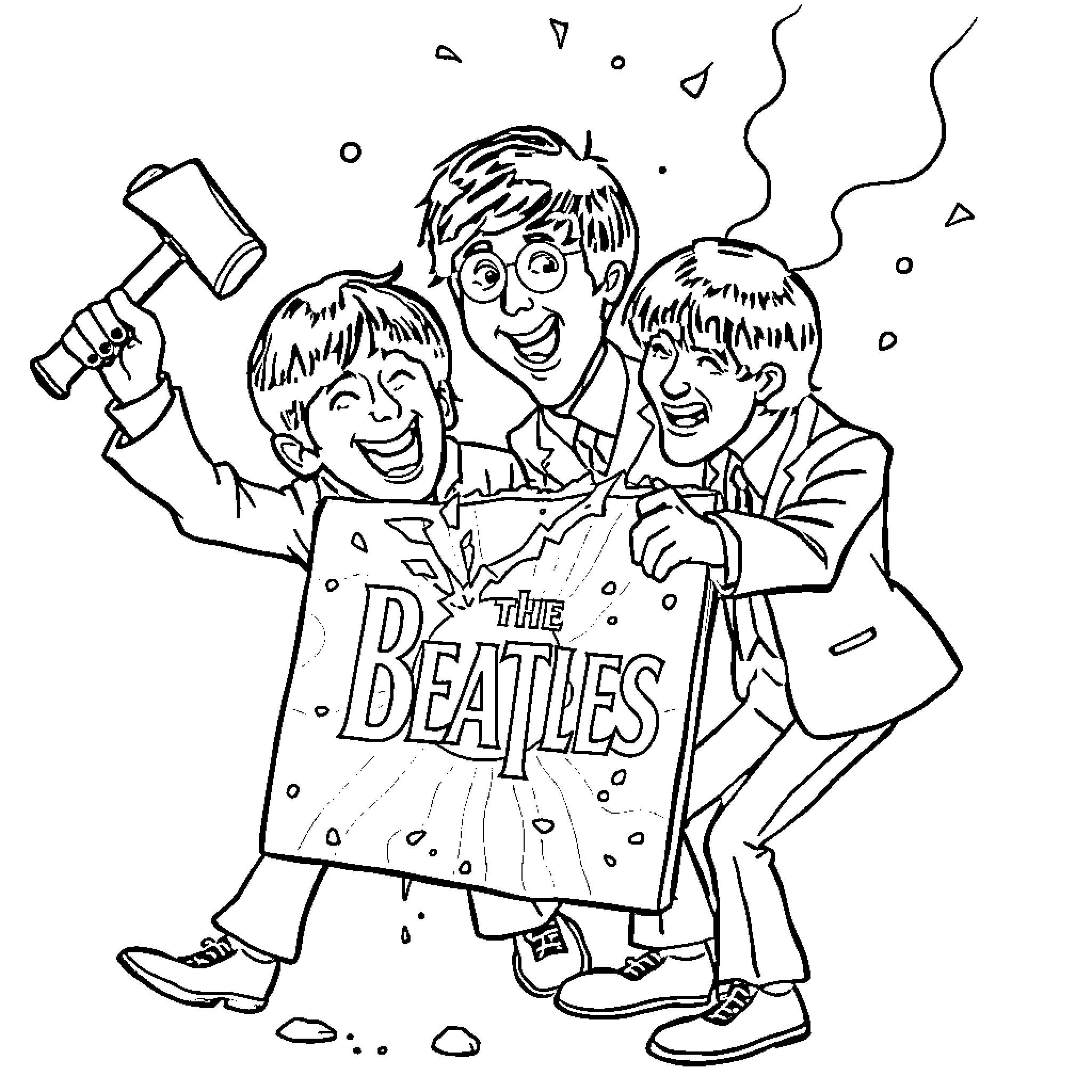 Beatles Celebrating with Enthusiasm and Joy Coloring Page (free black-and-white line drawing printable PDF for all, from beginners to advanced learners, including children, teens, adults, and seniors)