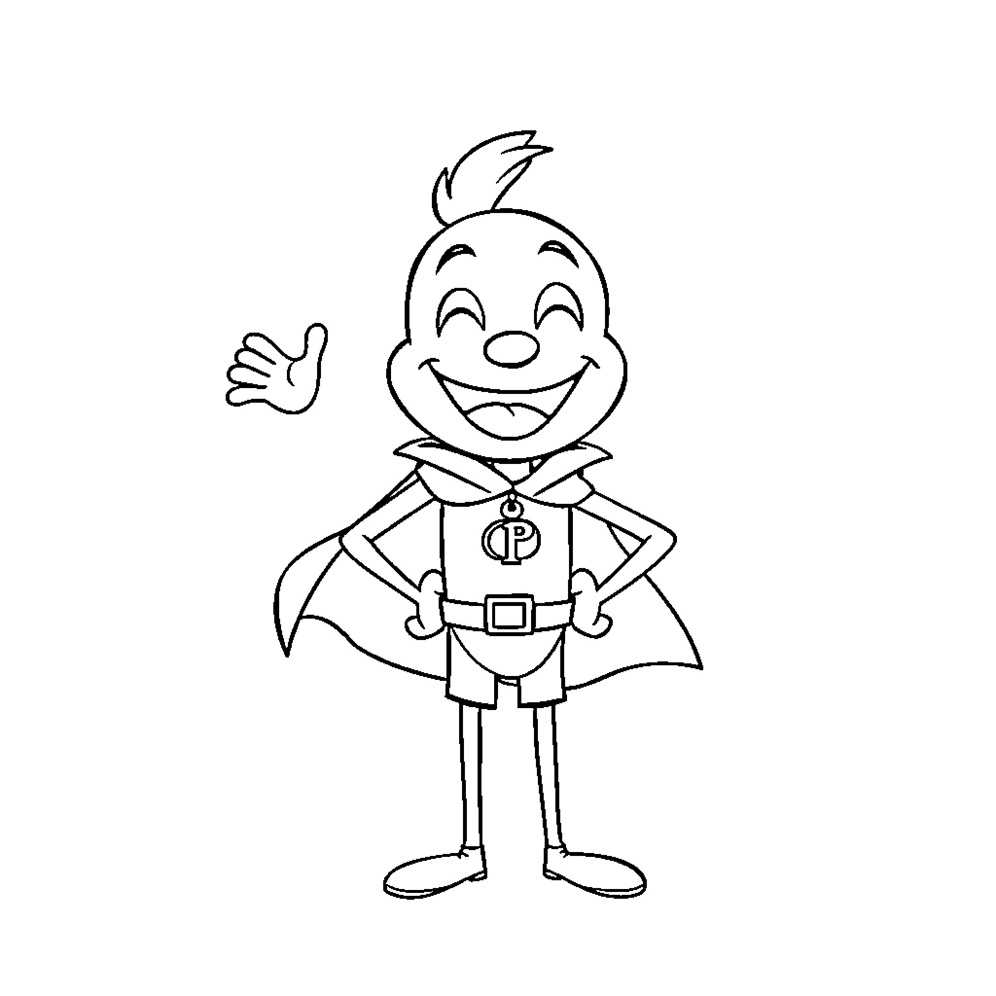 Plim Plim Superhero Waving Happily Coloring Page (free black-and-white line drawing printable PDF for all, from beginners to advanced learners, including children, teens, adults, and seniors)
