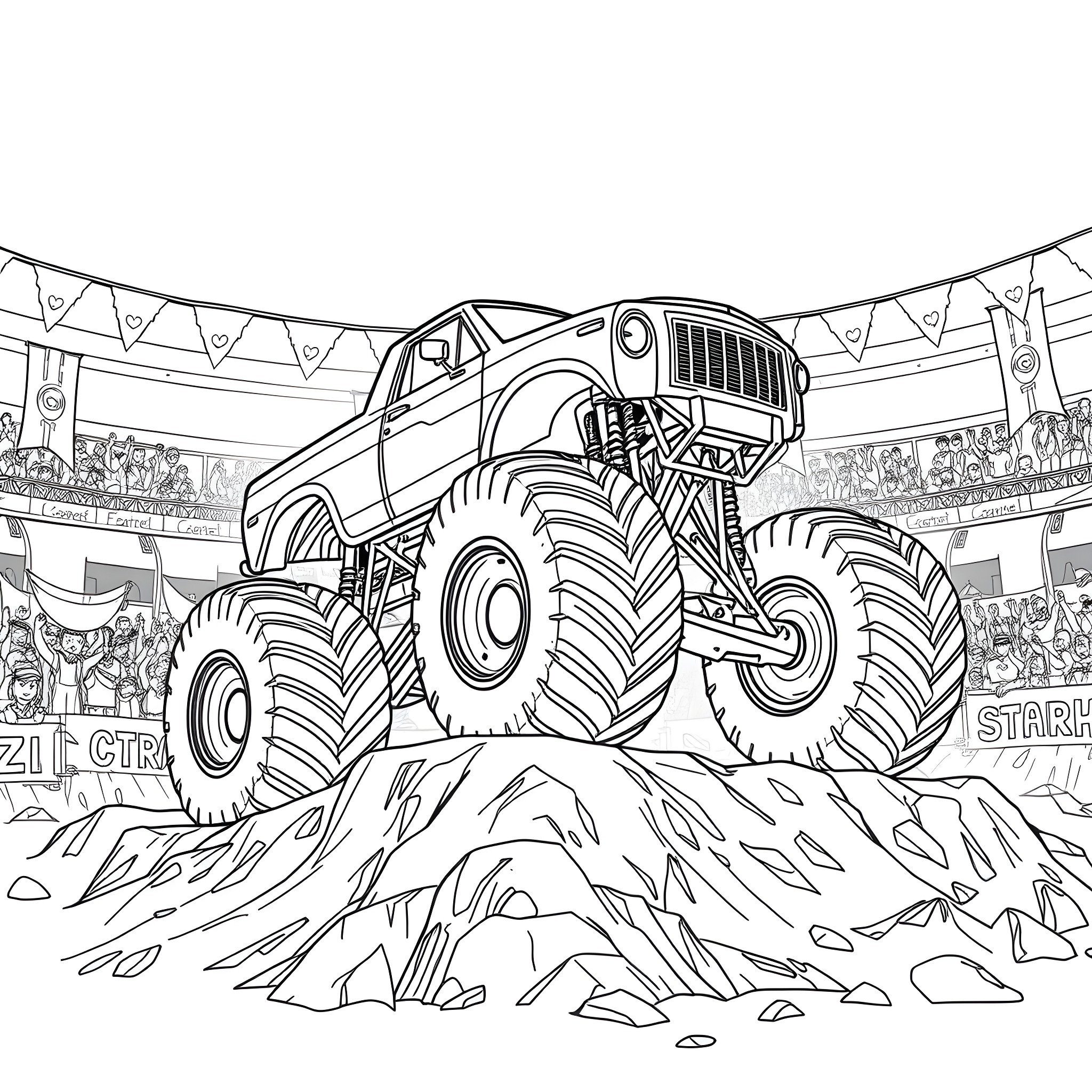 Monster Truck Performing Stunts in Arena Coloring Page (free black-and-white line drawing printable PDF for all, from beginners to advanced learners, including children, teens, adults, and seniors)