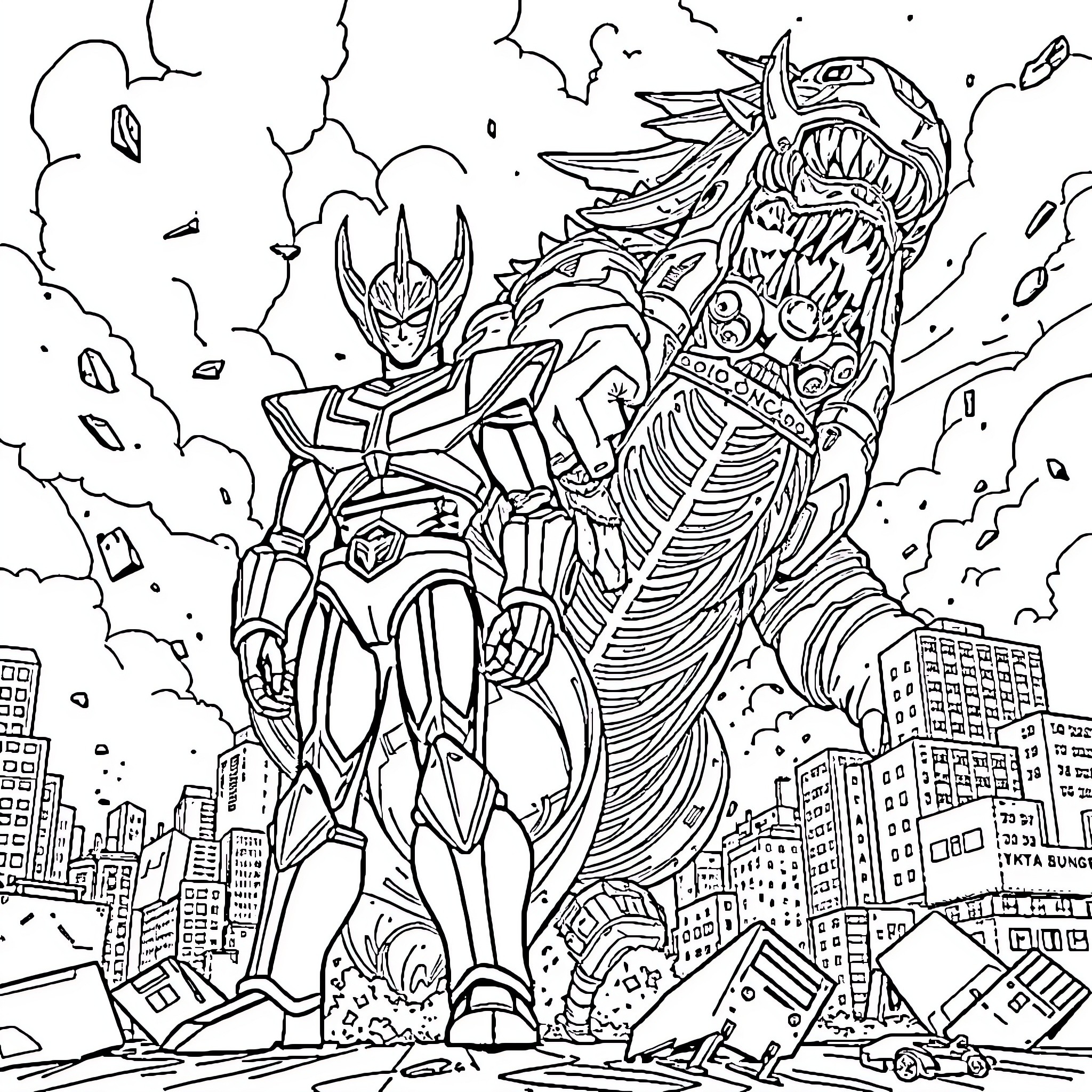 Ultraman battles a monstrous kaiju in a city Coloring Page (free black-and-white line drawing printable PDF for all, from beginners to advanced learners, including children, teens, adults, and seniors)