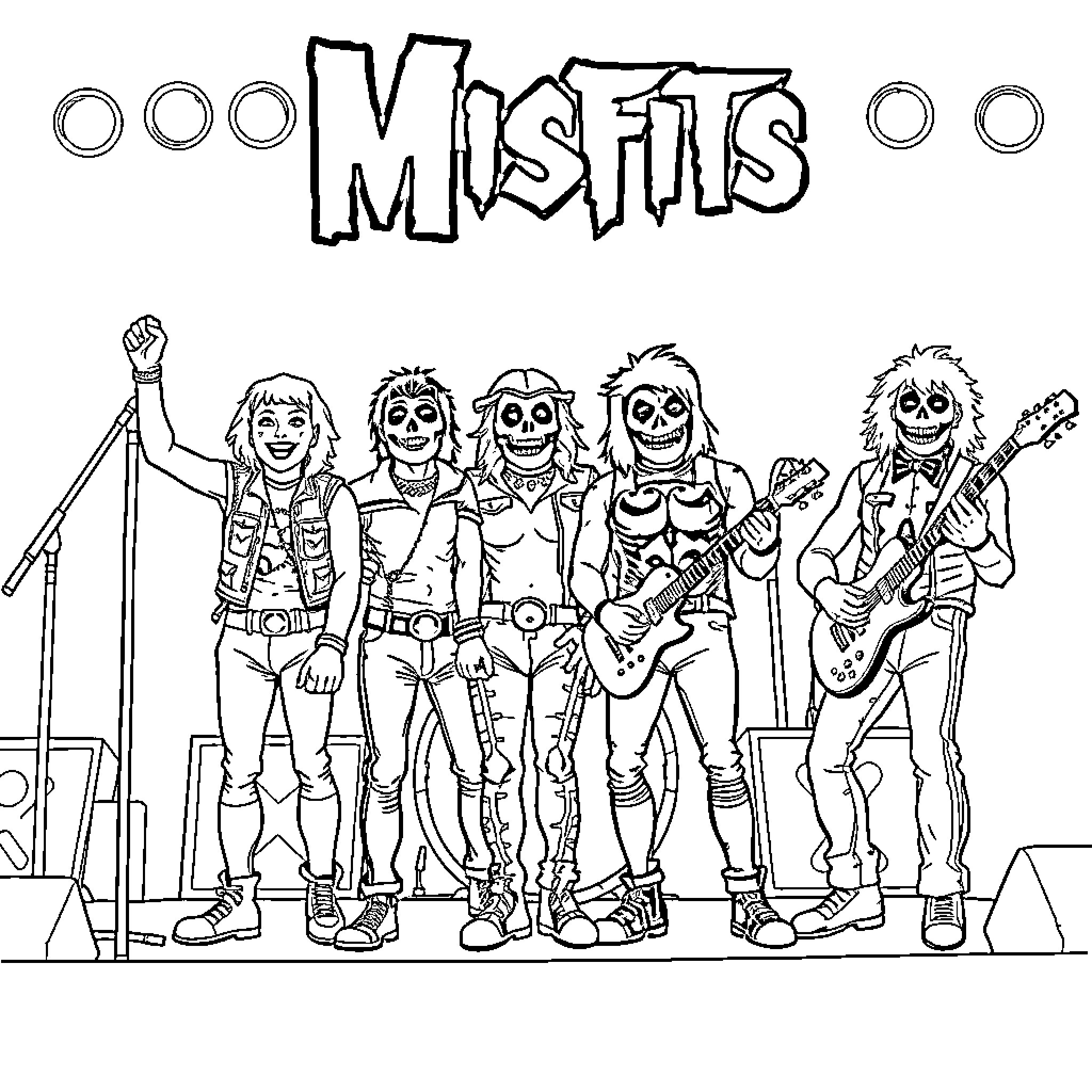 Misfits performing on stage in eccentric outfits Coloring Page (free black-and-white line drawing printable PDF for all, from beginners to advanced learners, including children, teens, adults, and seniors)