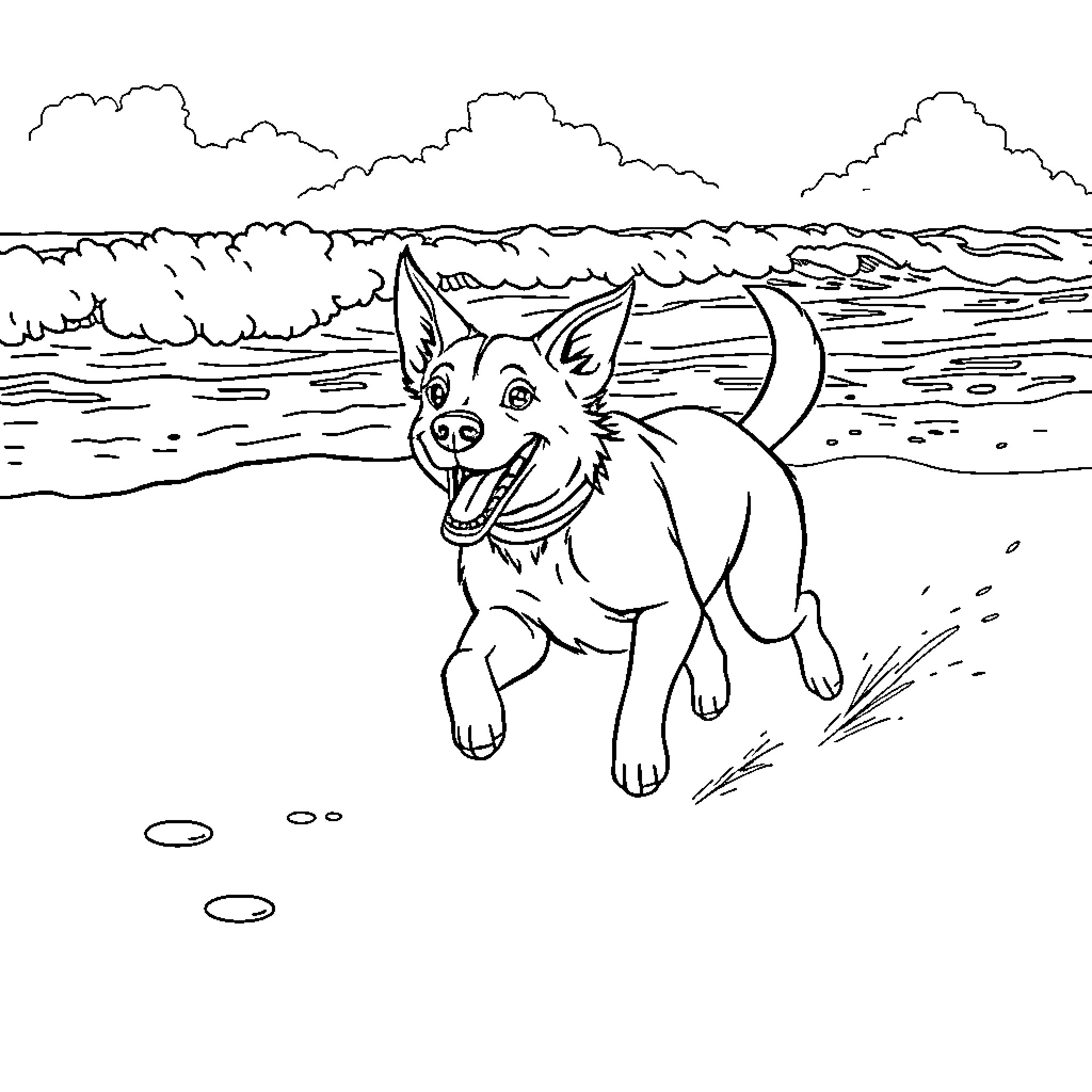 Dog happily running on the beach Coloring Page (free black-and-white line drawing printable PDF for all, from beginners to advanced learners, including children, teens, adults, and seniors)