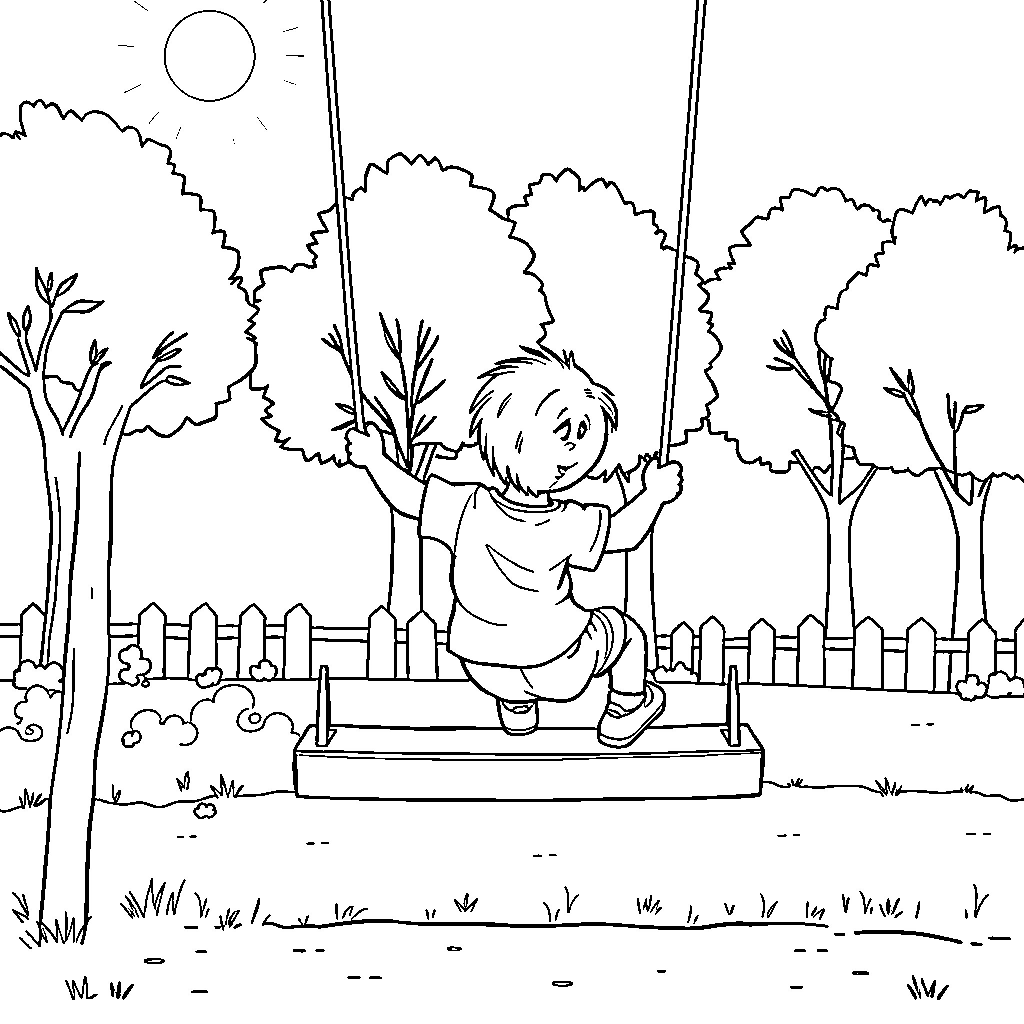 Boy enjoying the swing in the park Coloring Page (free black-and-white line drawing printable PDF for all, from beginners to advanced learners, including children, teens, adults, and seniors)