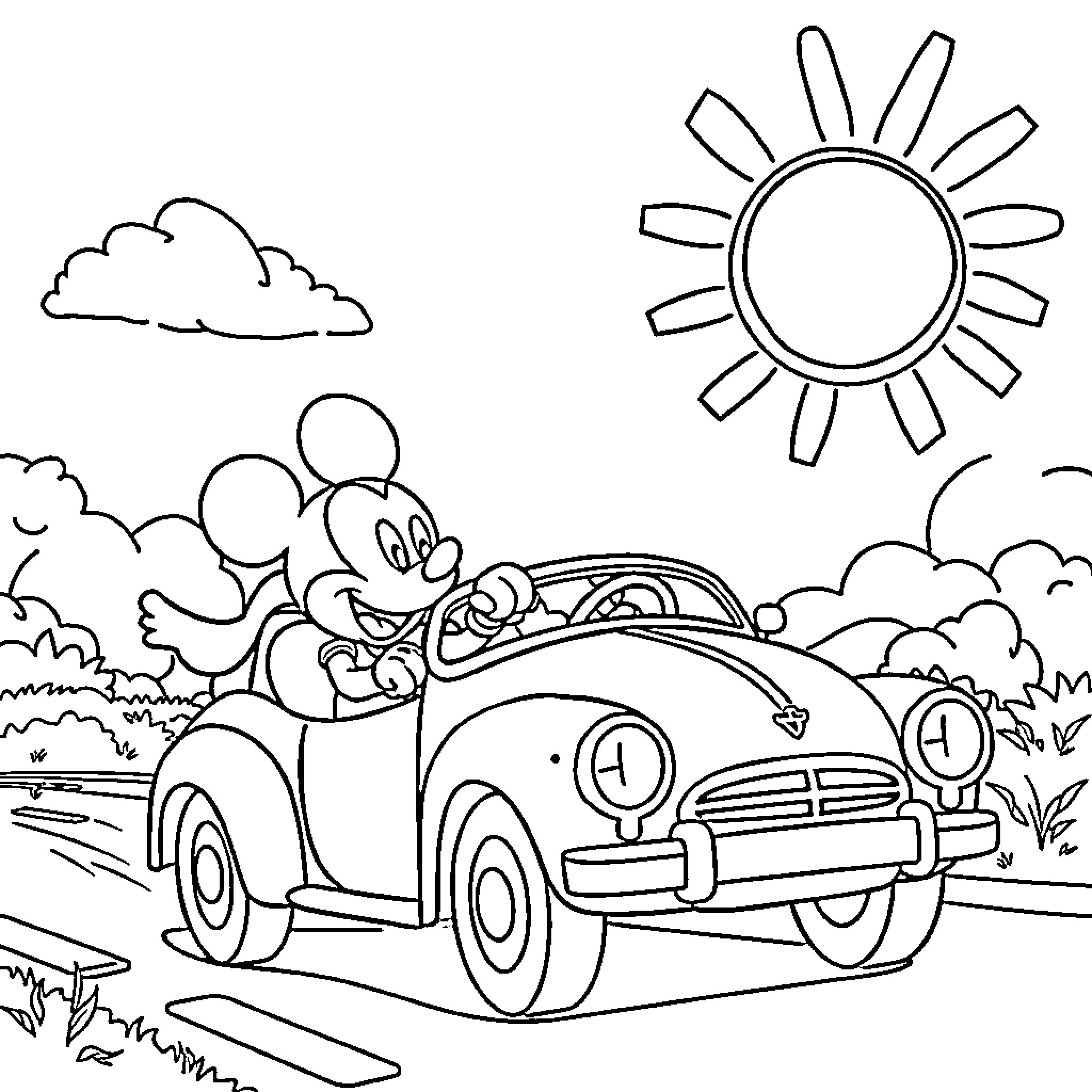 Car driven by cartoon character enjoying sunny day Coloring Page (free black-and-white line drawing printable PDF for all, from beginners to advanced learners, including children, teens, adults, and seniors)